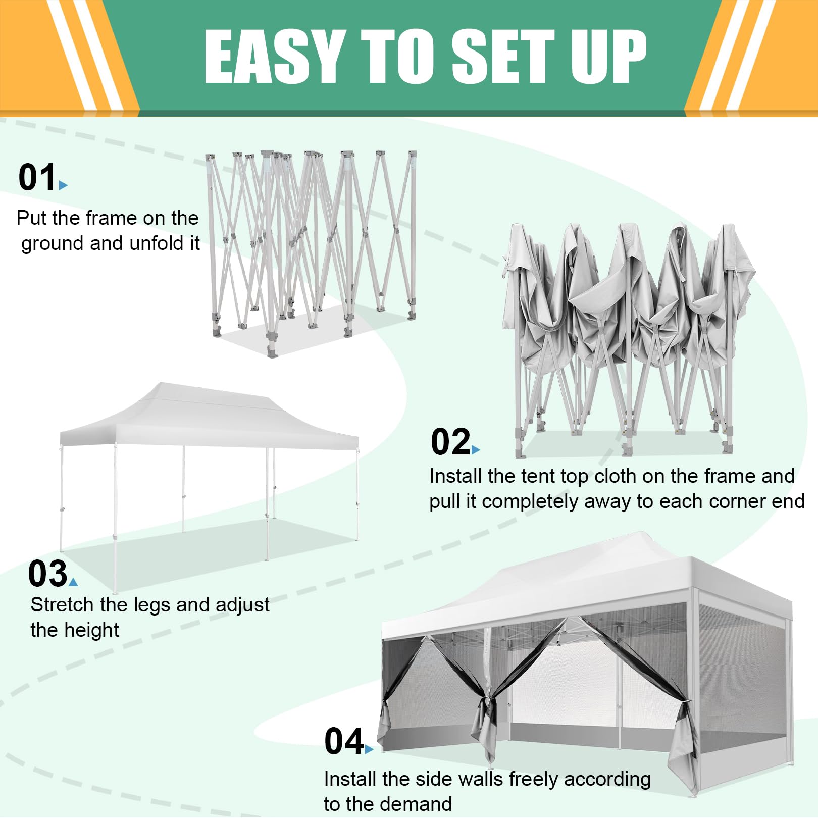 COBIZI 10x20 Heavy Duty Pop Up Canopy Tent with Waterproof Sidewalls & Mosquito Netting - Easy Setup Instant Shelter with Carry Bag for Outdoor Weddings, Parties, Camping & Backyard Events (White)