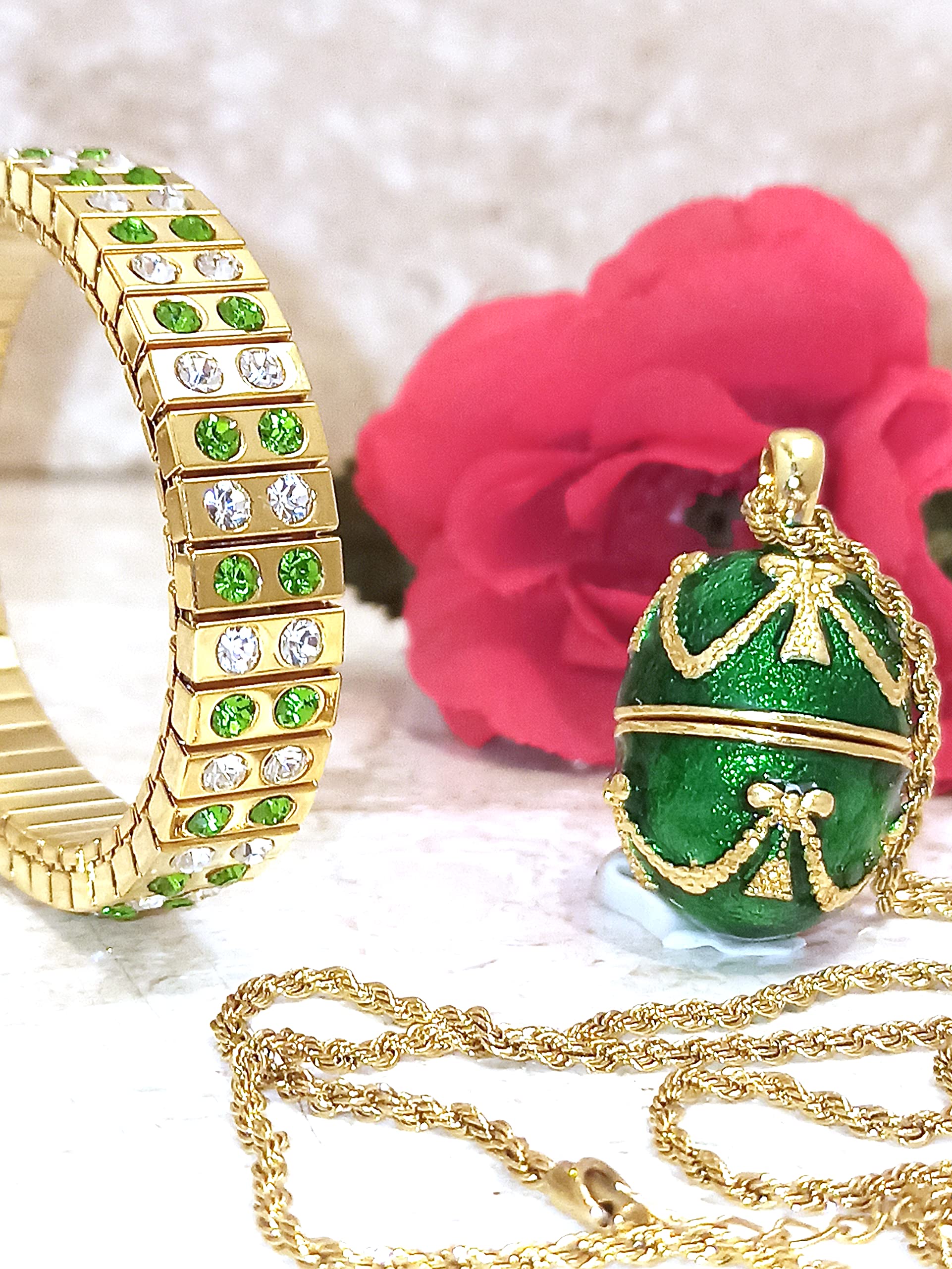 Handmade 24k Gold Artisan Faberge Egg Necklace Charm Pendant & Austrian Peridot Bracelet - August Birthstone Jewelry Set for Women, Wife, Mom, Mother, Aunt - Perfect Birthday Gift, Anniversary Present & Special Occasion Accessories
