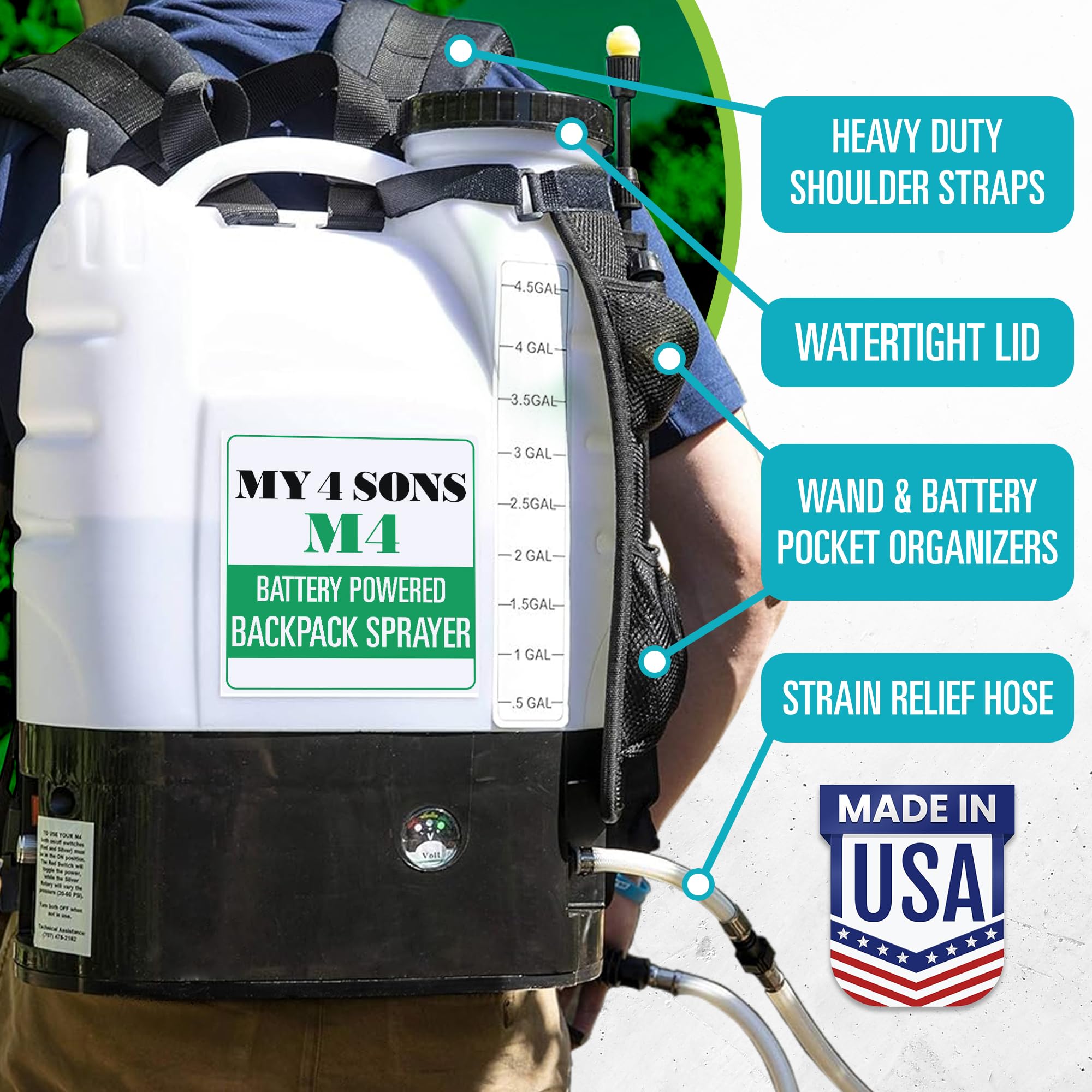 MY4SONS M4 Cordless Battery Powered Backpack Sprayer - 4 Gallon Capacity with 15ft Hose, Includes Rechargeable Battery & Charger, Adjustable Stainless Steel Nozzles - Perfect for Lawn Care, Garden Spraying, Pest Control & Agricultural Use - Silver (Model M4)