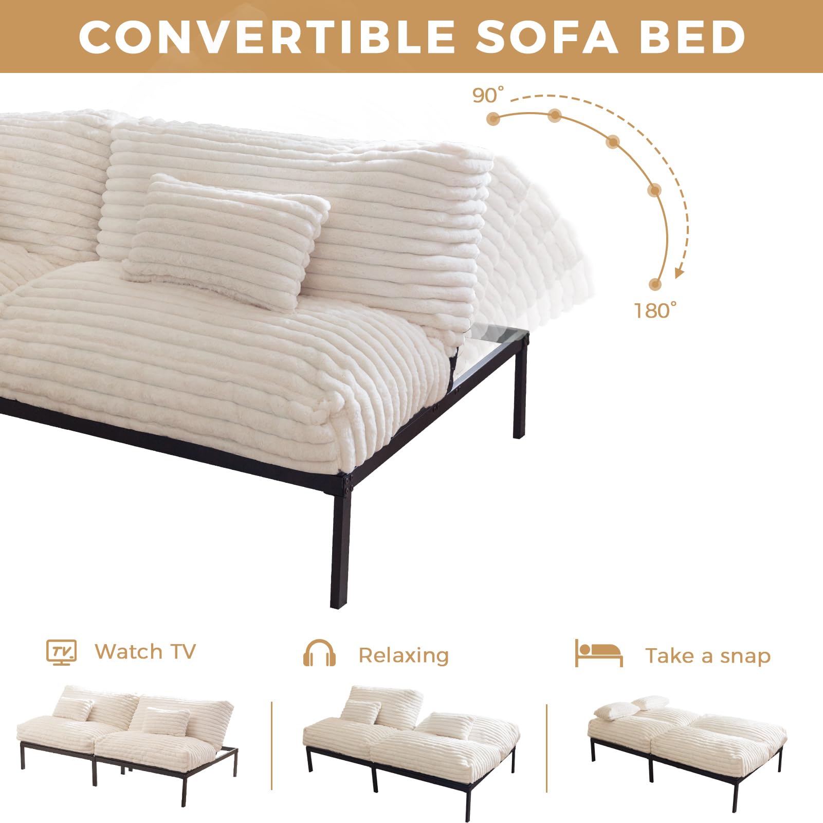 MAXYOYO Convertible Futon Sofa Bed - 3-in-1 Sleeper Couch for Small Spaces, Guest Room & Living Room - Comfortable White Futon with Easy Fold Mechanism - Perfect for Apartments, Dorms and Home Offices