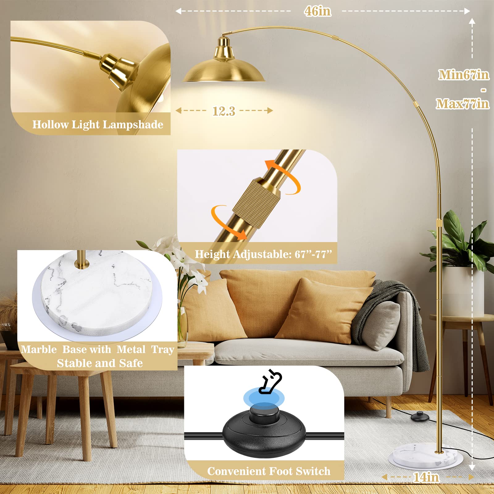 Gold Brass Arc Floor Lamp - Mid Century Modern Standing Lamp with White Marble Base | Overhanging Arch Design for Living Room, Bedroom & Study | Adjustable Reading Light & Ambient Lighting