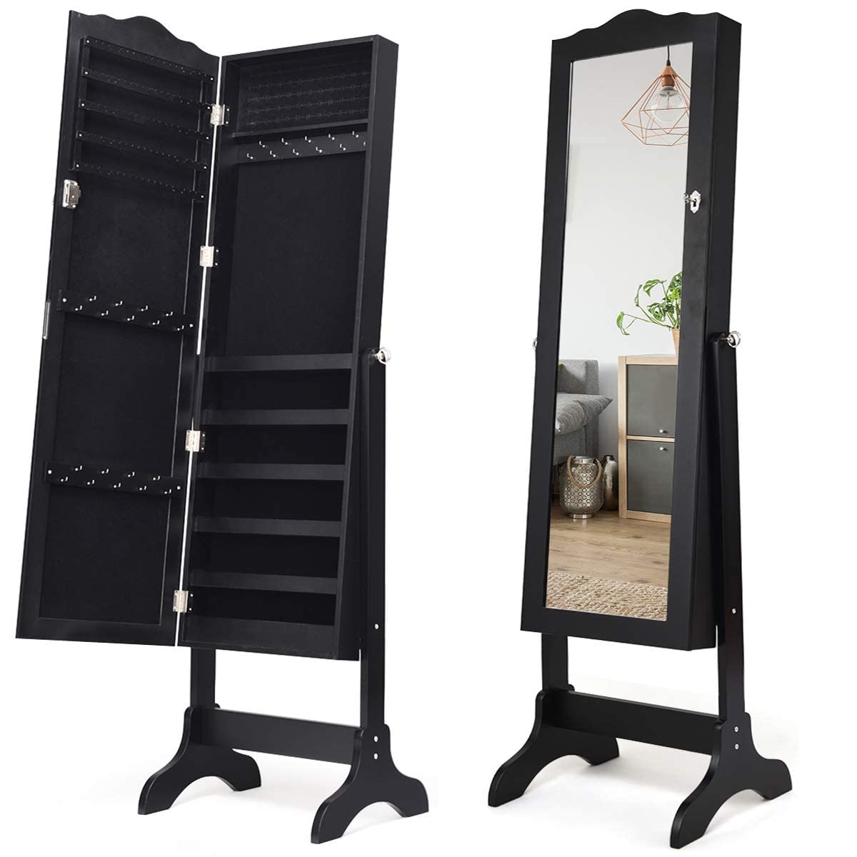 AUGESTER Lockable Full Length Mirror Jewelry Armoire Organizer - Large Adjustable Storage Cabinet with 4 Angel Design & Top Arc, 2-in-1 Jewelry Box (Black) | Perfect for Bedroom, Closet & Dressing Room Organization