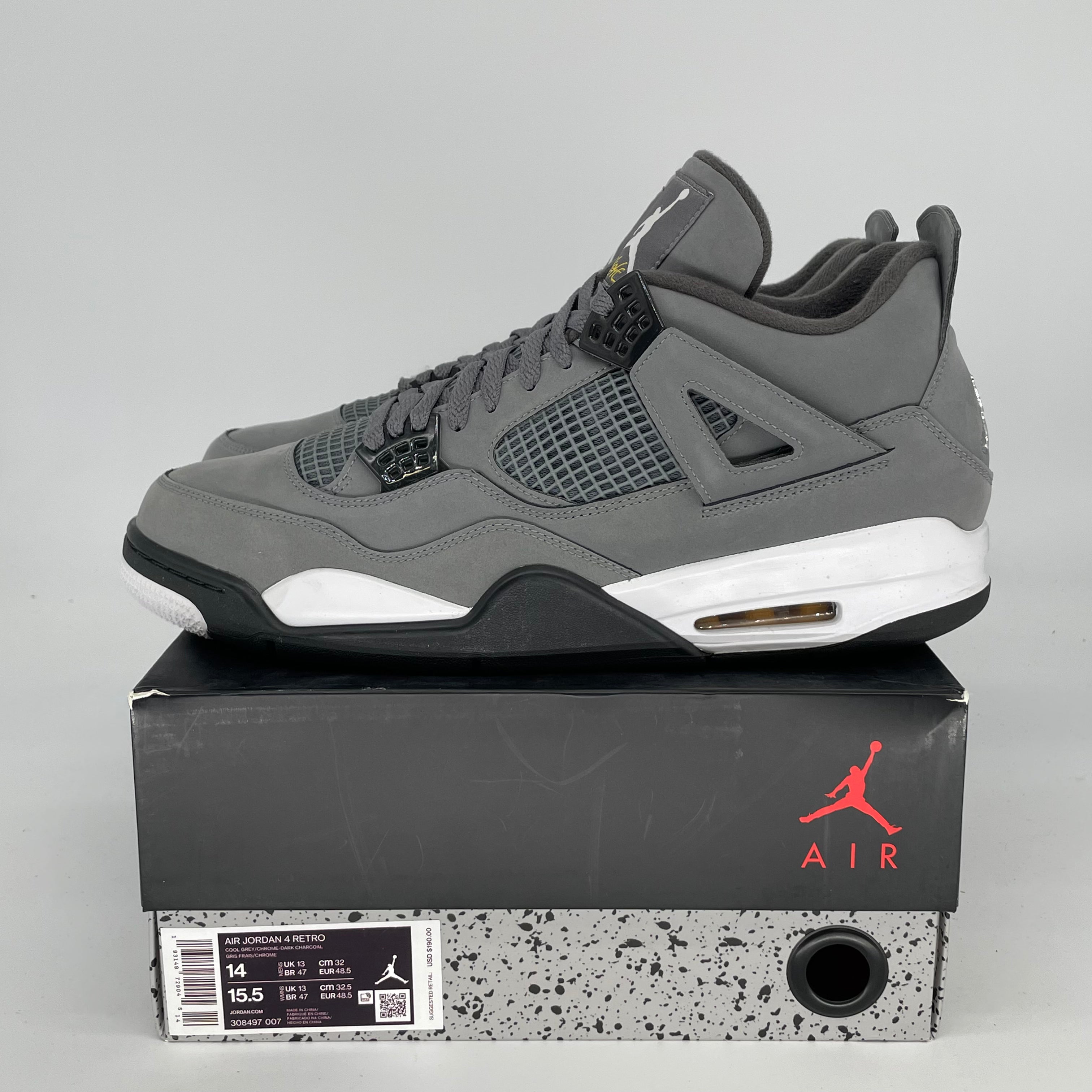 AIR JORDAN 4 COOL GREY Men's Basketball Shoes Size 14 - Retro Style Sneakers for Casual Wear & Street Fashion (308497-007)