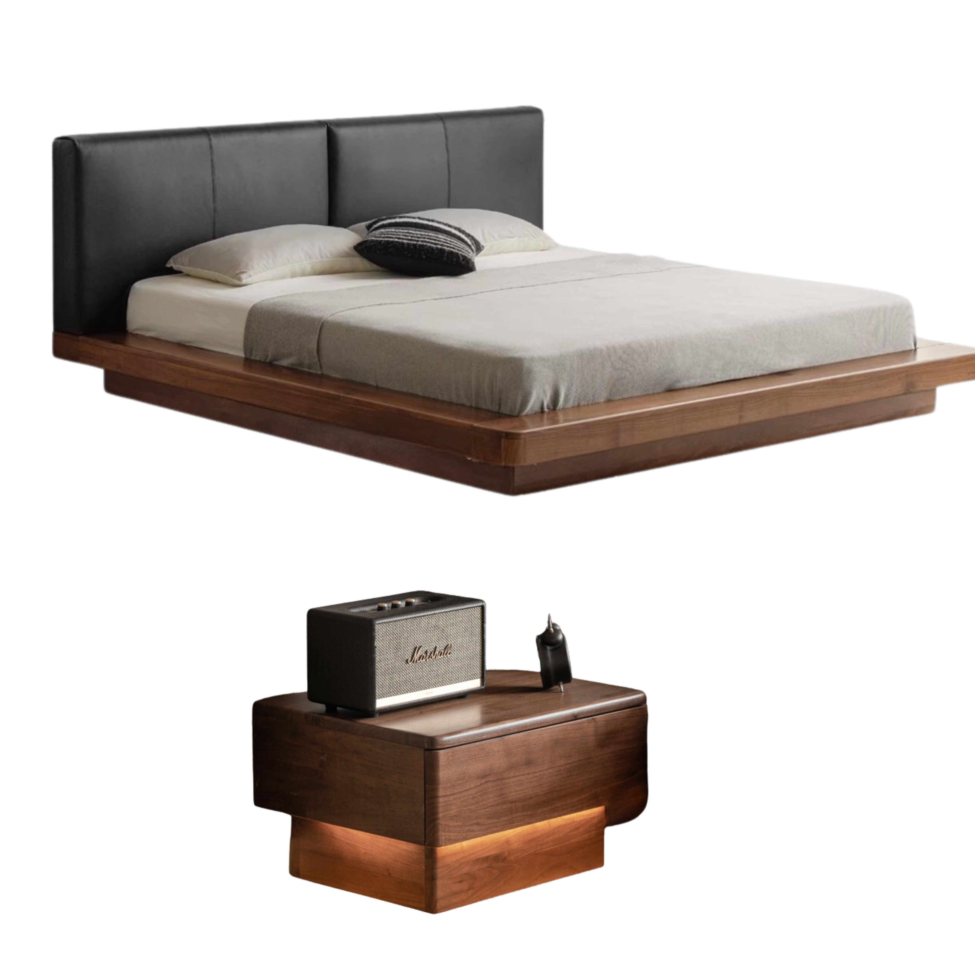 Premium Black Walnut Solid Wood Leather Upholstered Floating Bed Frame - Modern Platform Bed for Bedroom, Guest Room, or Master Suite