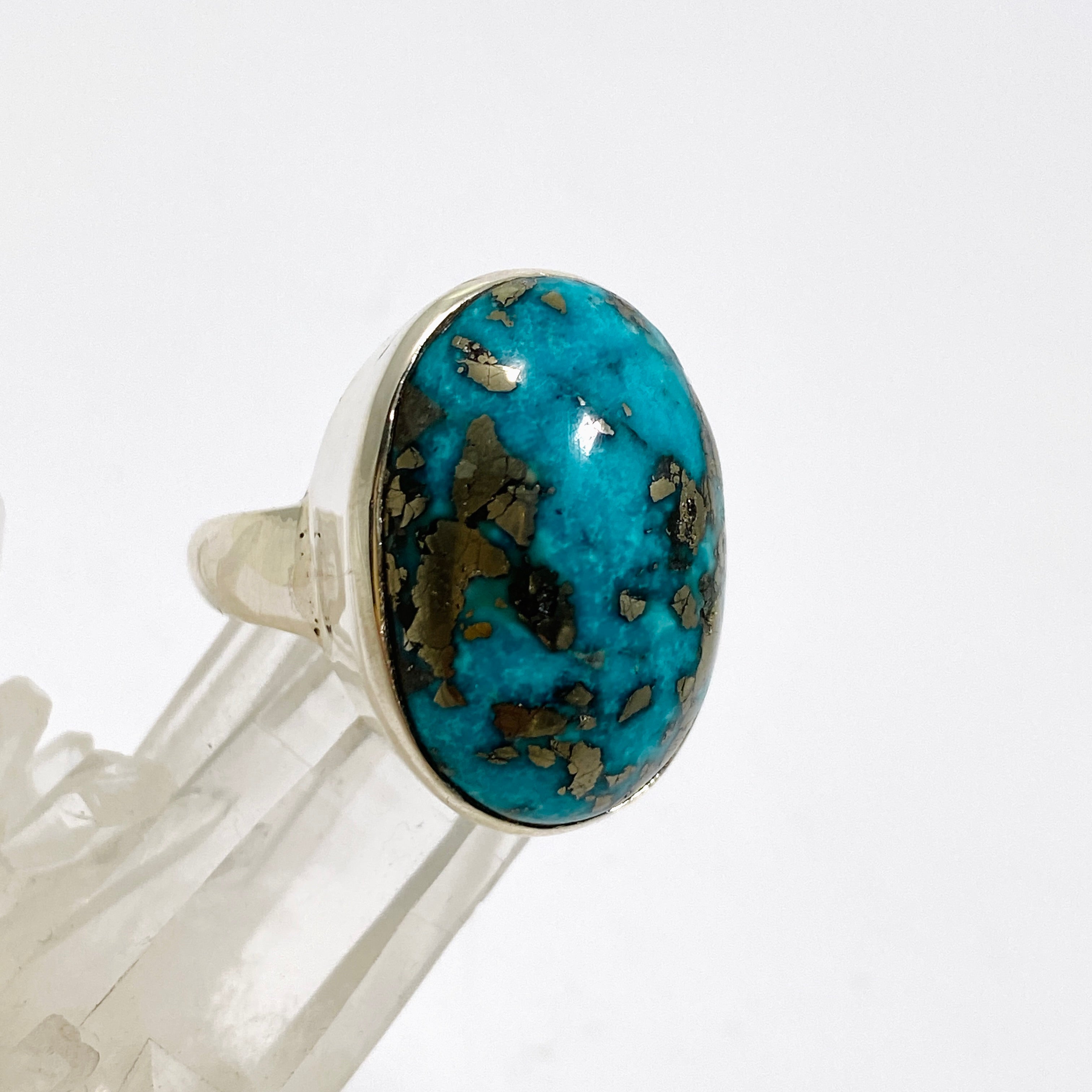 Natural Persian Turquoise with Pyrite Oval Cabochon Ring - Size 9 - Handmade Iranian Jewelry - Perfect for Boho Fashion & Gift Giving