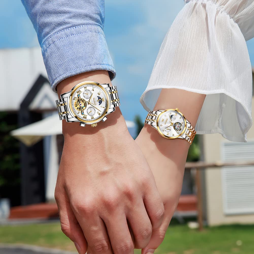 OLEVS Automatic Self-Winding Couple Watches Set - Luxury Matching Dress Watches for Men & Women - Perfect Anniversary & Wedding Gifts for Him and Her - Ideal for Date Nights, Formal Events & Romantic Occasions