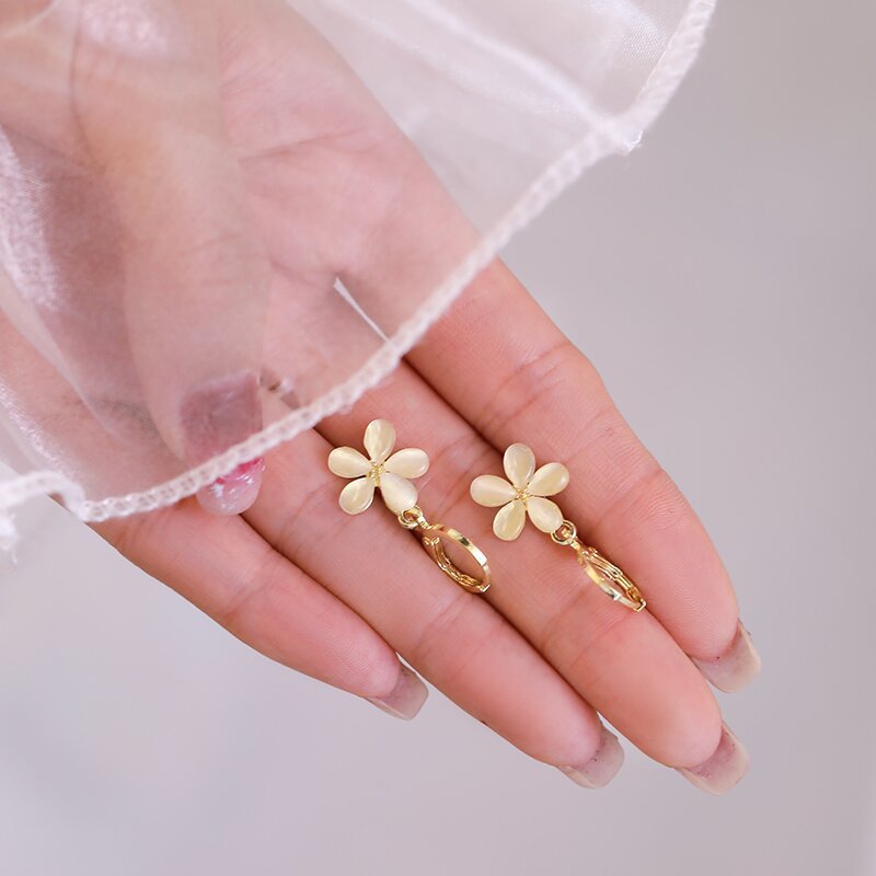 Cat Eye Stone Flower Charm Drop Hoop Earrings for Women | HE6205 | Elegant Jewelry for Parties, Weddings & Special Occasions