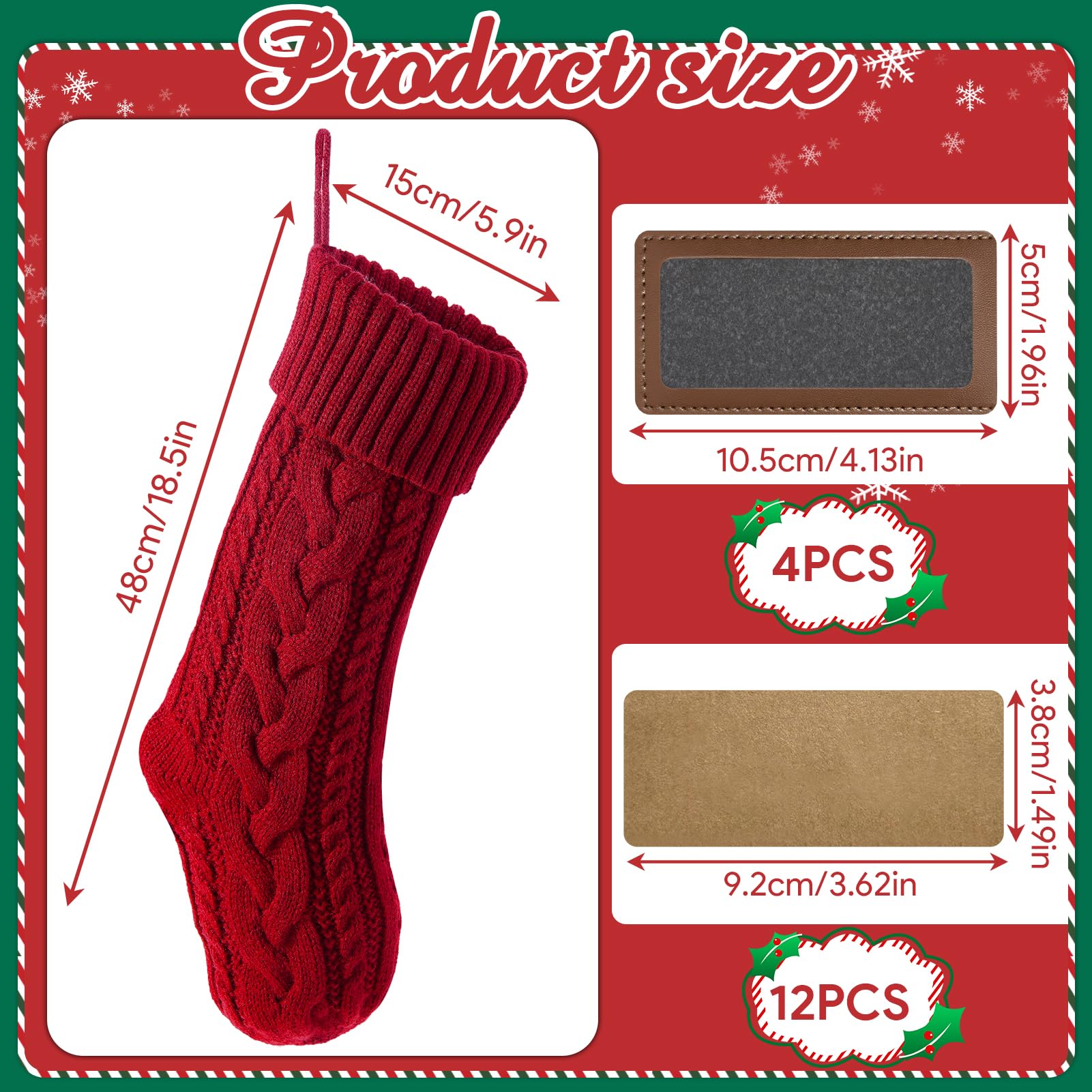 4 Pack Personalized Christmas Stockings with Leather Patches - Custom Name Family Xmas Stockings (18.5