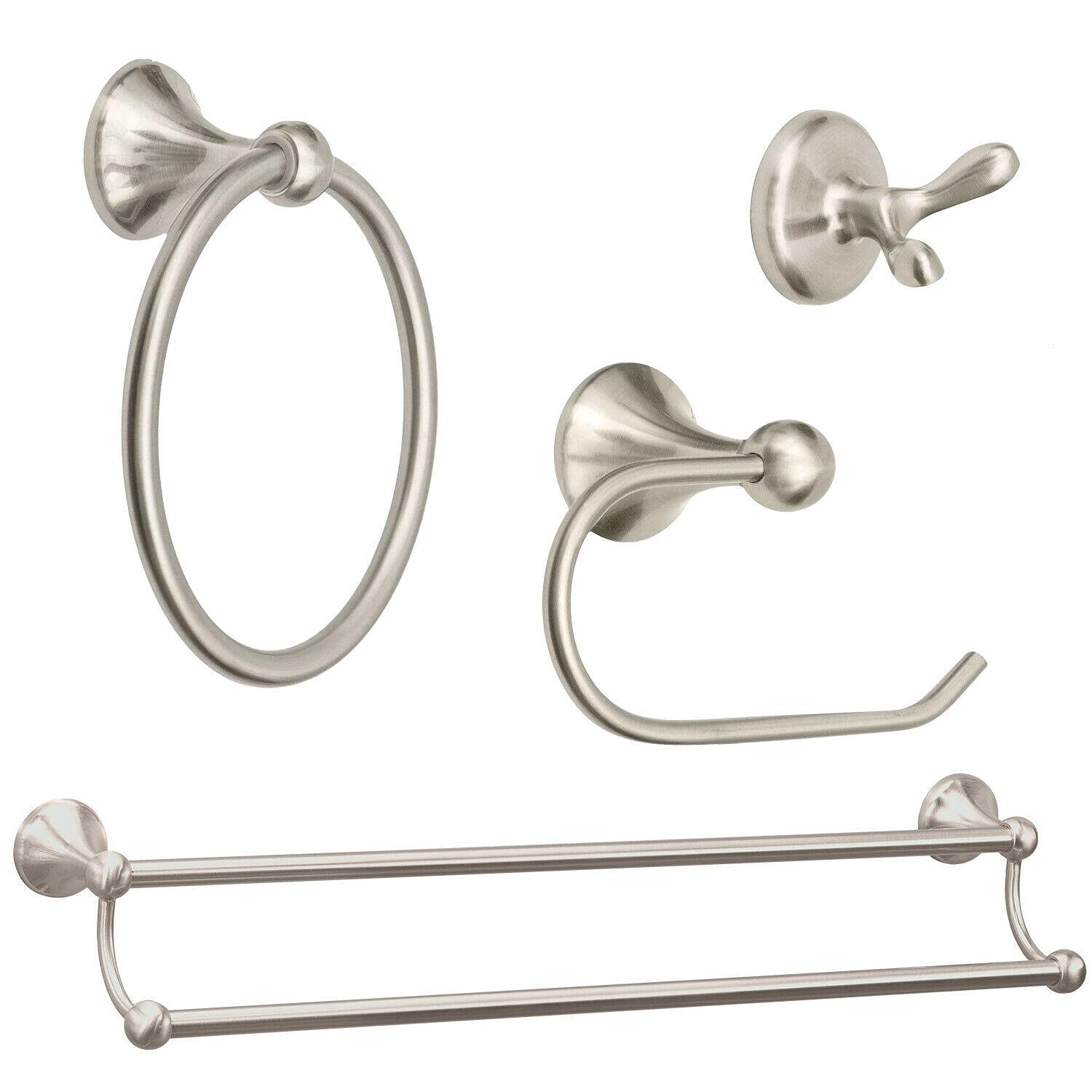 UPN 4-Piece Bathroom Hardware Set - Satin Nickel Double Towel Bar, Toilet Paper Holder, Robe Hook & Towel Ring - Modern Bath Accessories for Home & Hotel Decor