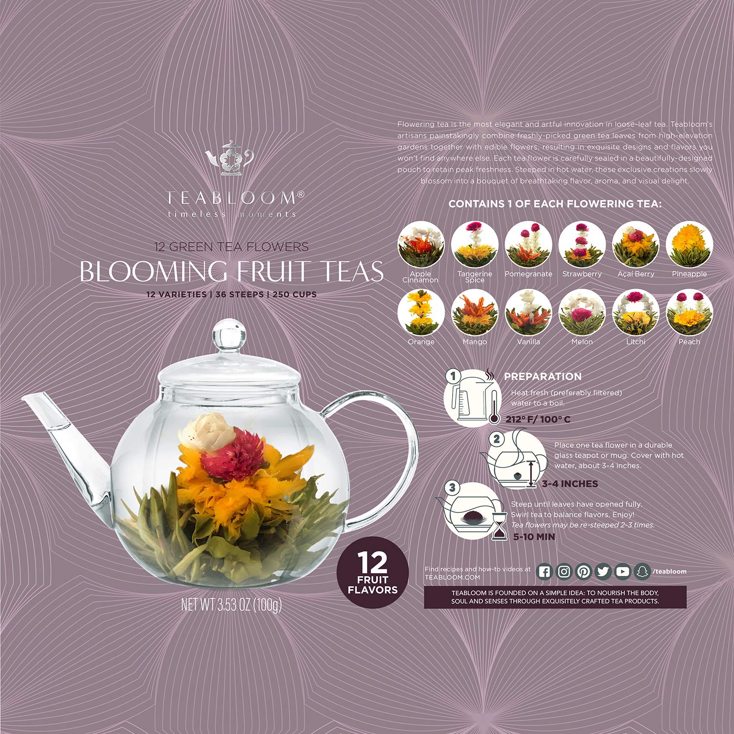 Teabloom Fruit Blooming Tea - 12 Unique Flower & Fruit Flavored Tea Balls - Reusable Up to 3 Steeps - Perfect for Relaxation, Gifts & Afternoon Tea Parties