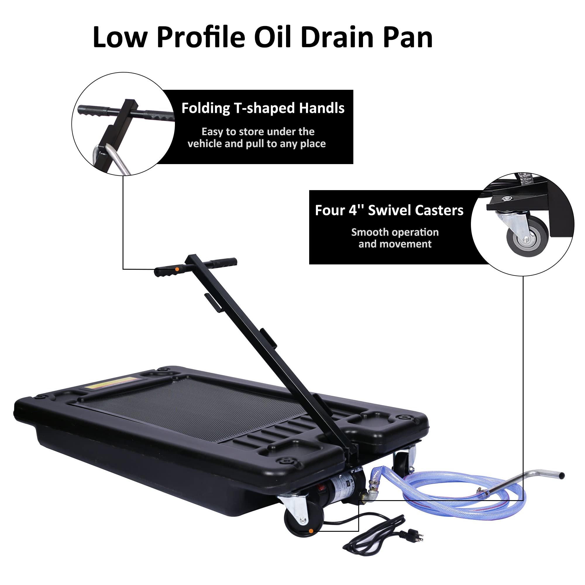 17 Gallon Oil Drain Pan with Electric Pump - Portable Low Profile Oil Change Tank for Cars, SUVs & Trucks - Large Capacity Drain Pan with Hose & Swivel Caster Wheels - Ideal for DIY Auto Maintenance & Professional Garage Use (Black)