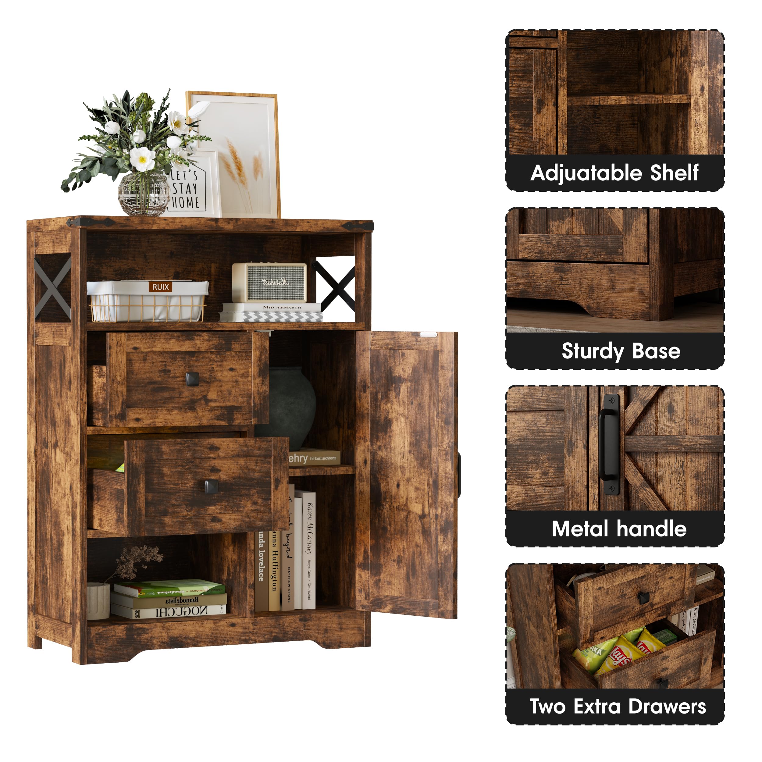 Farmhouse Storage Cabinet with 2 Drawers & Open Shelves - Freestanding Organizer for Living Room, Bathroom, Kitchen & Laundry - Rustic Brown Wooden Cabinet for Home Organization & Decor
