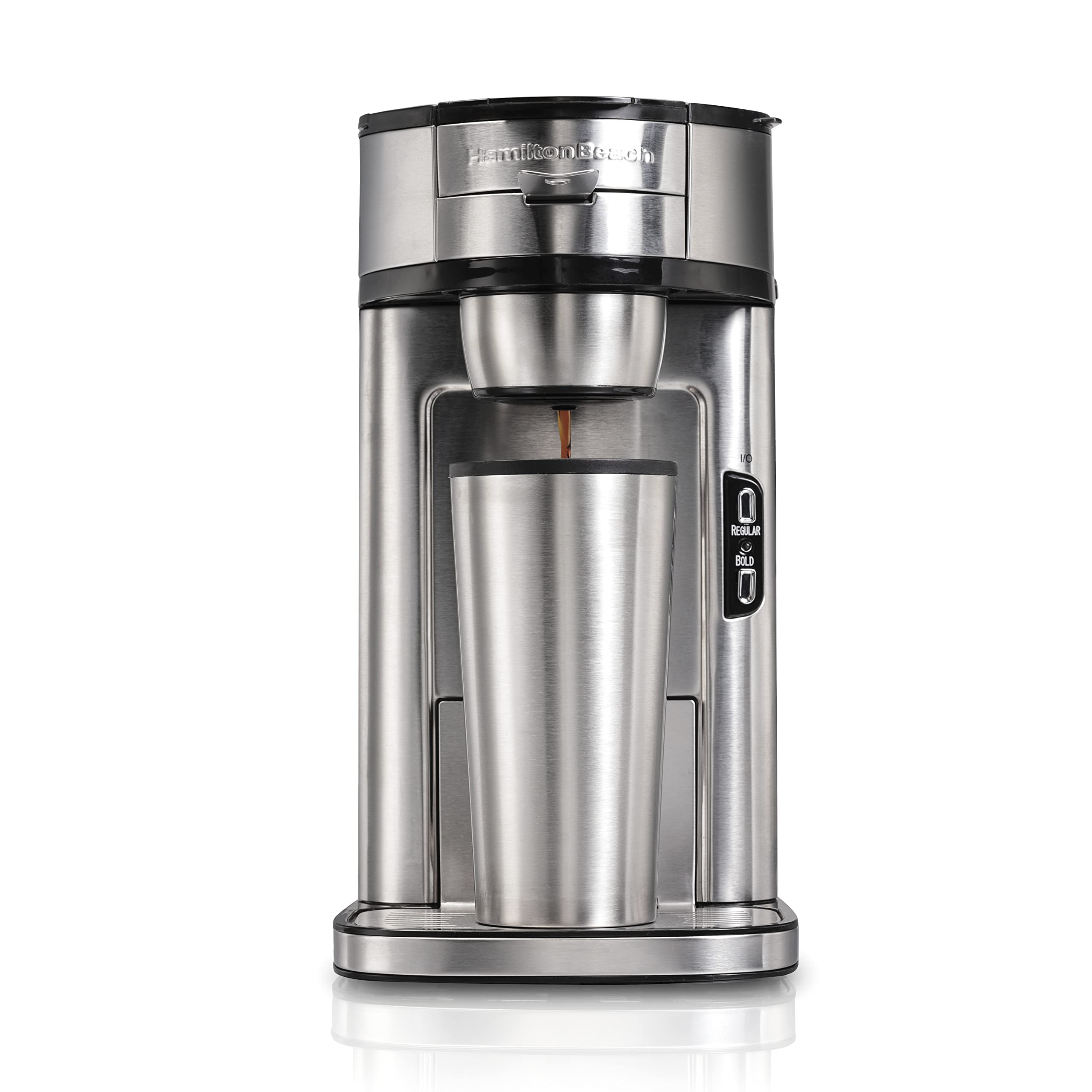Hamilton Beach The Scoop Single Serve Coffee Maker - Fast Grounds Brewer for 8-14oz Cups | Stainless Steel Coffee Machine | Perfect for Home, Office & Dorm Use