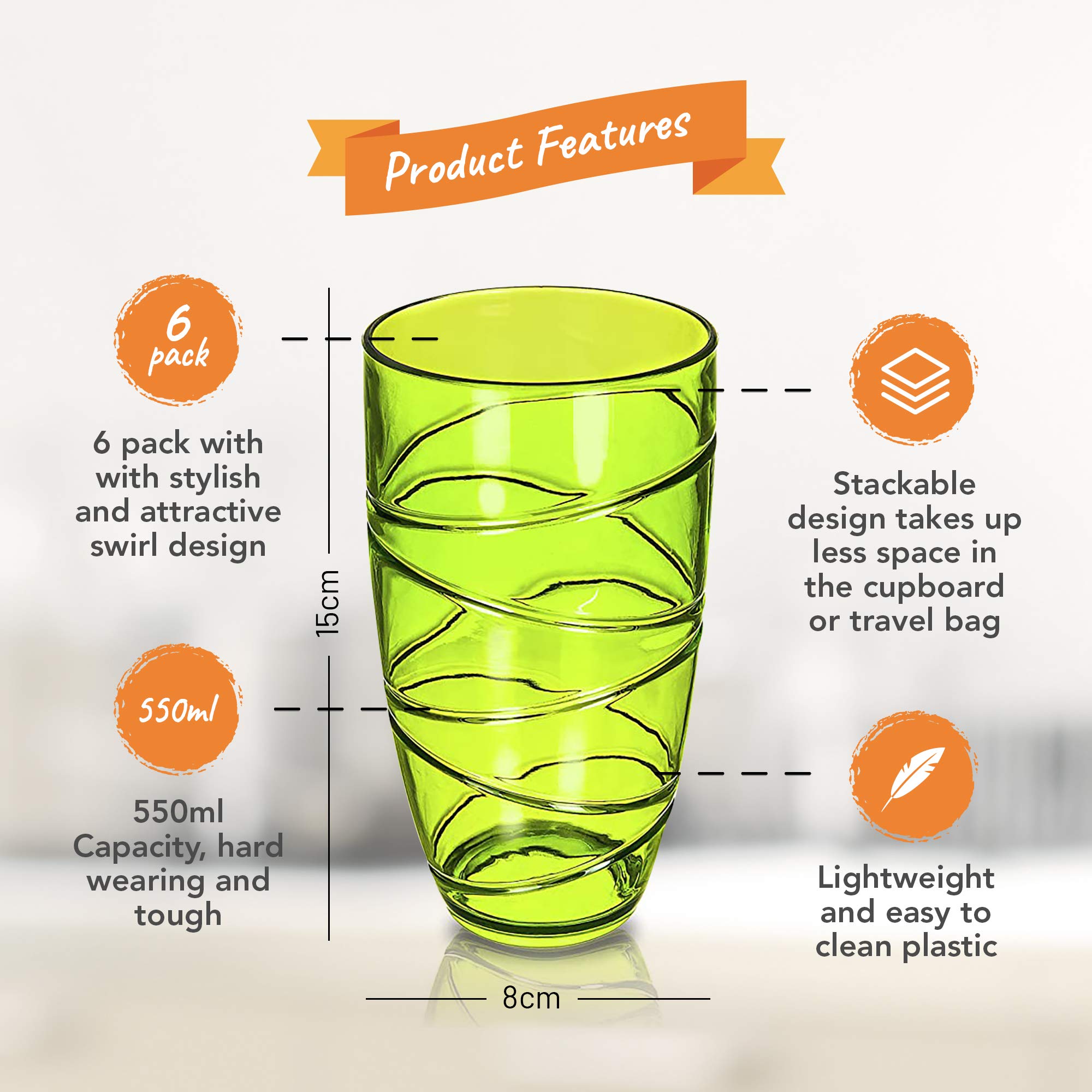 Volila 6-Pack Shatterproof Acrylic Drinking Glasses - Reusable Plastic Tumblers for Parties, Picnics & Daily Use - Colorful Stackable Cups (Great for BBQs, Outdoor Events & Home Entertaining)