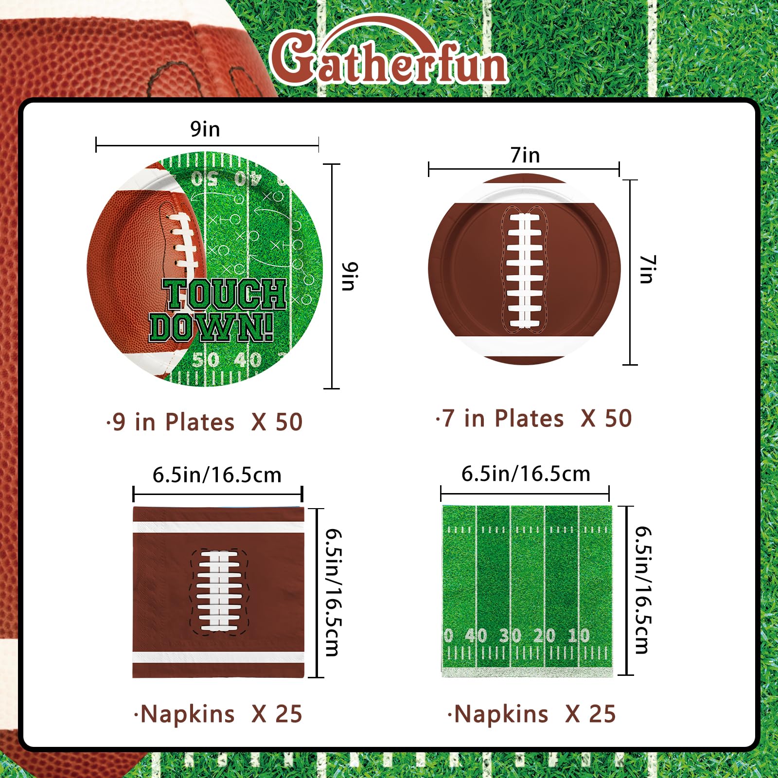 Football Party Supplies Kit for 50 Guests - Touchdown Dinner Plates, Dessert Plates & Napkins Set - Perfect for Football Birthday Parties, Game Day Decorations & Tailgate Events