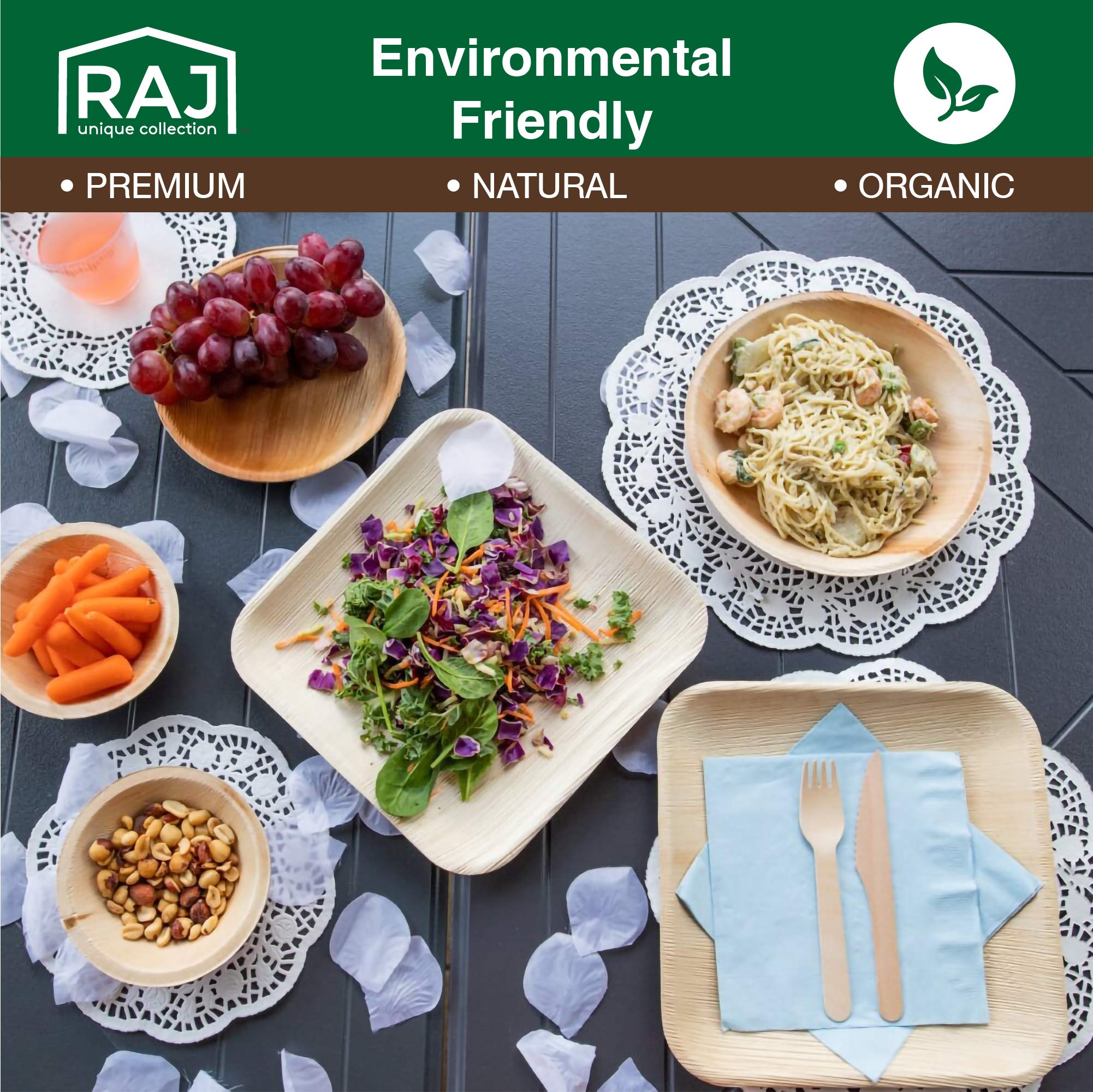 Eco-Friendly Raj Palm Leaf Plates & Bowls Set [100-Pack] - 50 Square 10