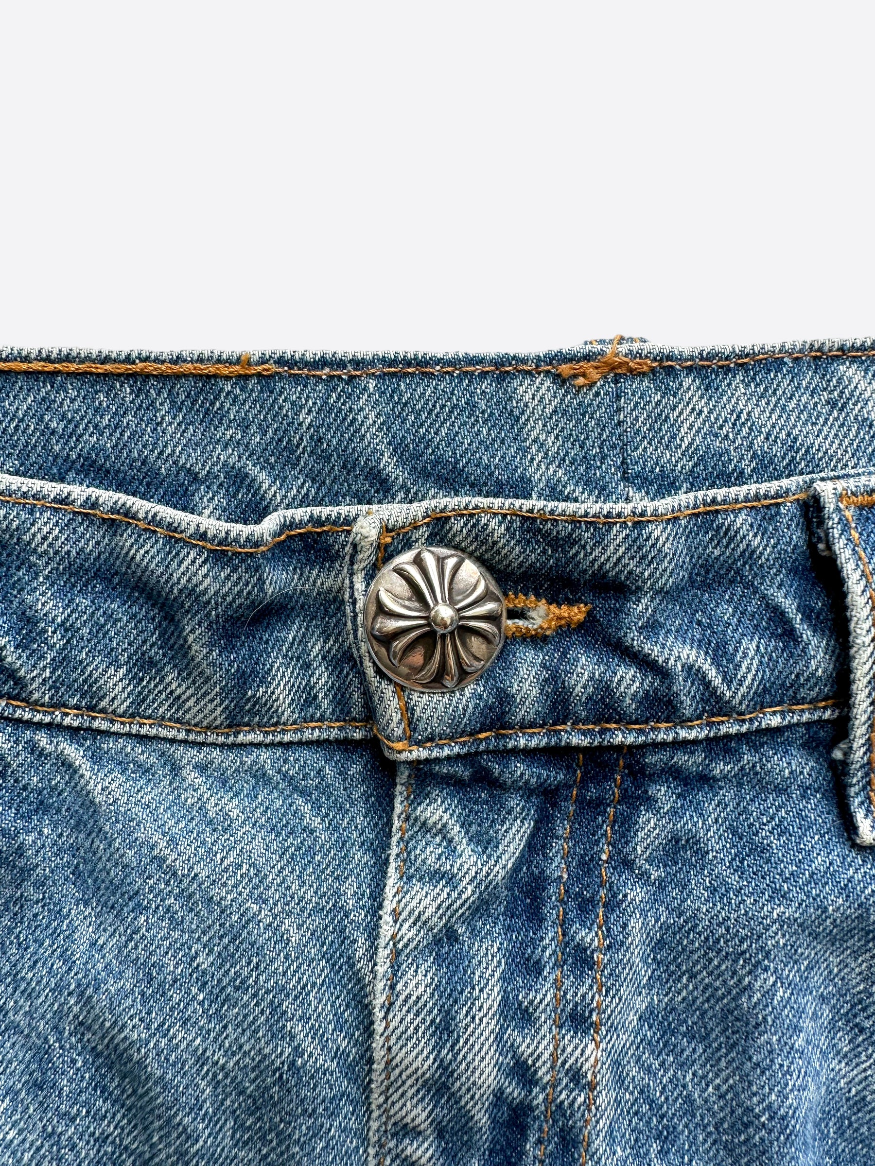 Chrome Hearts x Levi's Light Blue Distressed Jeans with Black Leather Cross Patch - Stylish Vintage Denim for Men's Streetwear & Casual Outfits