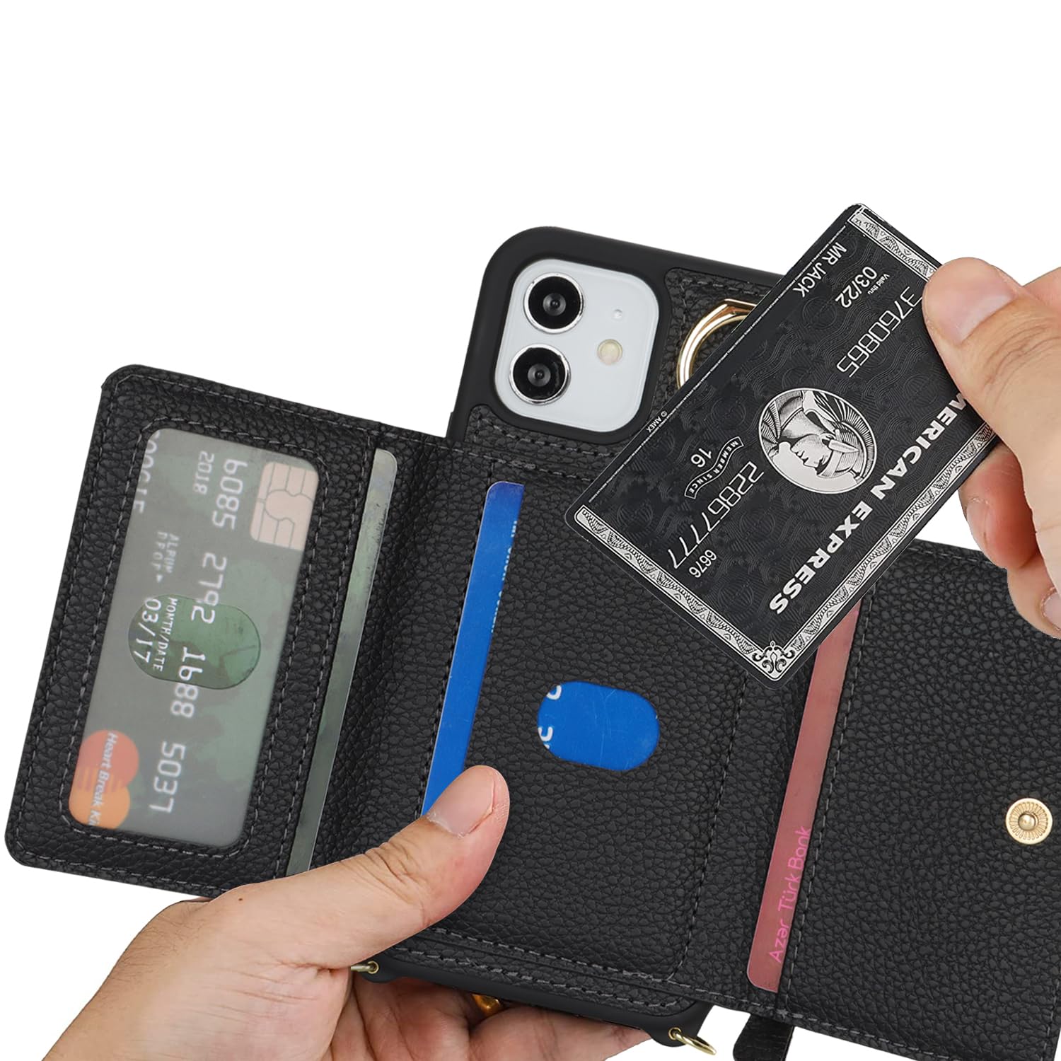 Premium Leather iPhone 12/12 Pro Wallet Case with Card Holder, Crossbody Strap & Stand Ring - Black | Slim Protective Phone Cover with Zipper Pocket for Women & Men | Perfect for Travel, Shopping & Everyday Use