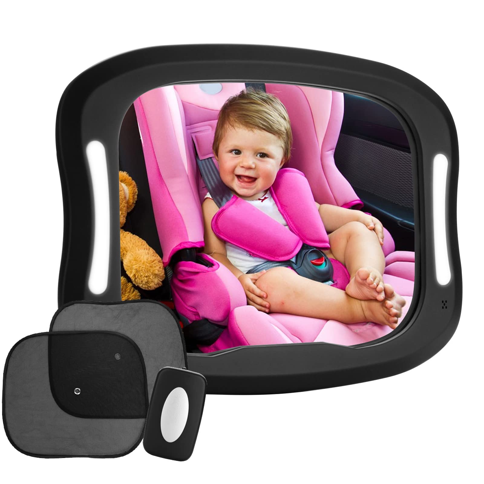 FITNATE LED Baby Car Mirror - 360° Adjustable Rear-Facing Infant Safety Mirror with Remote Control, 4 Sturdy Straps & 2 Sun Visors for Newborns | Backseat Monitoring Solution for Parents on the Go