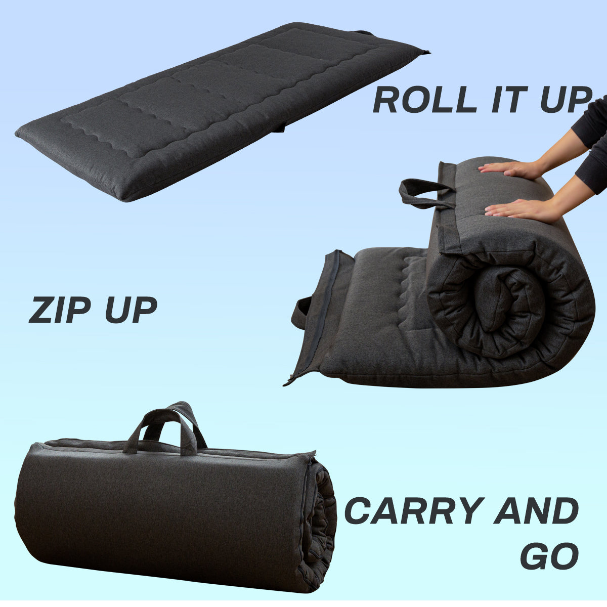 MAXYOYO Roll Up Camping Mattress - Portable Foldable Futon Mattress for Outdoor & Indoor Use, Lightweight with Carry Handle, Dark Grey - Perfect for Camping, Hiking, Travel and Guest Bedding
