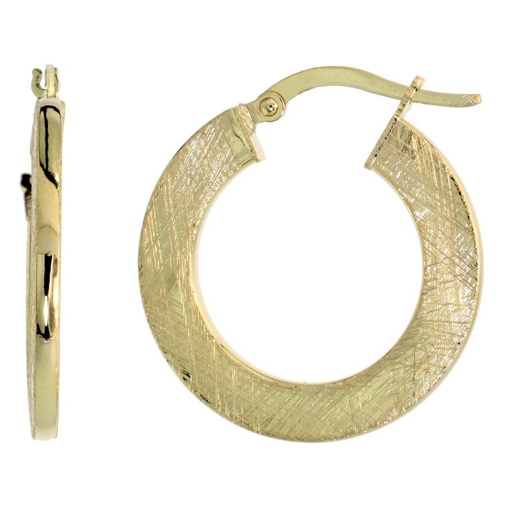 10K Yellow Gold Flat Hoop Earrings - Crystallized Brush Finish, 25-30mm, Italian Jewelry for Women | Perfect for Everyday Wear, Date Nights & Special Occasions