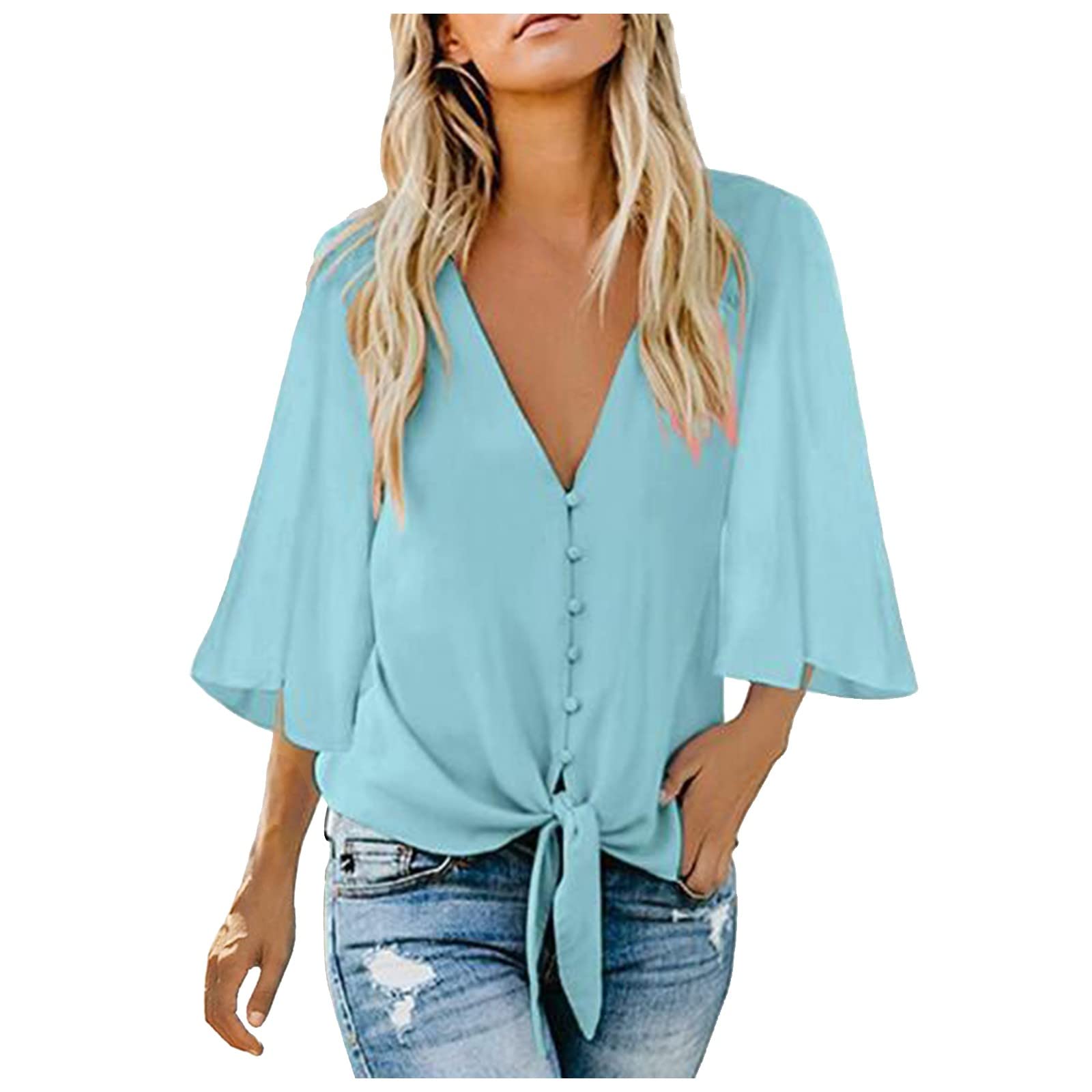 Eaktool Women's Summer Blouses - 3/4 Bell Sleeve Button Down Shirt, Solid Color Tops for Spring & Summer | Casual Office Wear, Date Night Outfits, Vacation Style