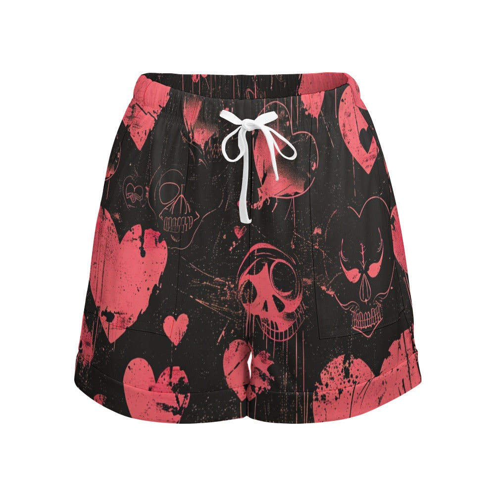 Faded Hearts High Waist Loose Elastic Waist Shorts for Women - Comfortable Casual Summer Shorts for Beach, Yoga, and Everyday Wear
