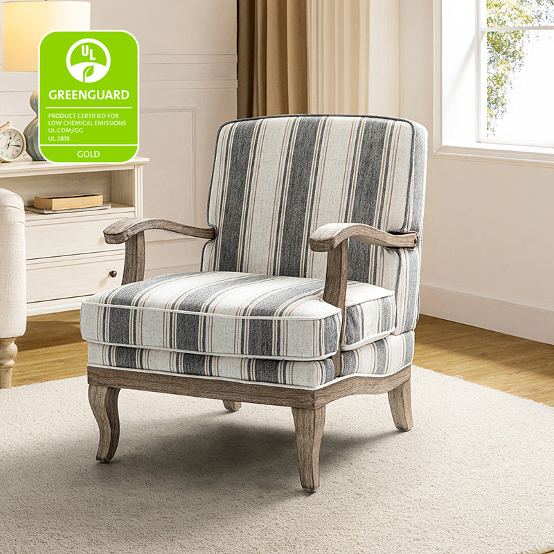 Randolph Romantic Upholstered Stripes Armchair with Solid Wood Armrests - Comfortable Living Room Accent Chair for Home Decor & Relaxation