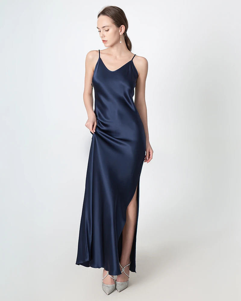 Elegant Slit V-Neck Maxi Silk Dress for Women - Flowy Long Formal Evening Gown - Perfect for Weddings, Parties & Special Occasions