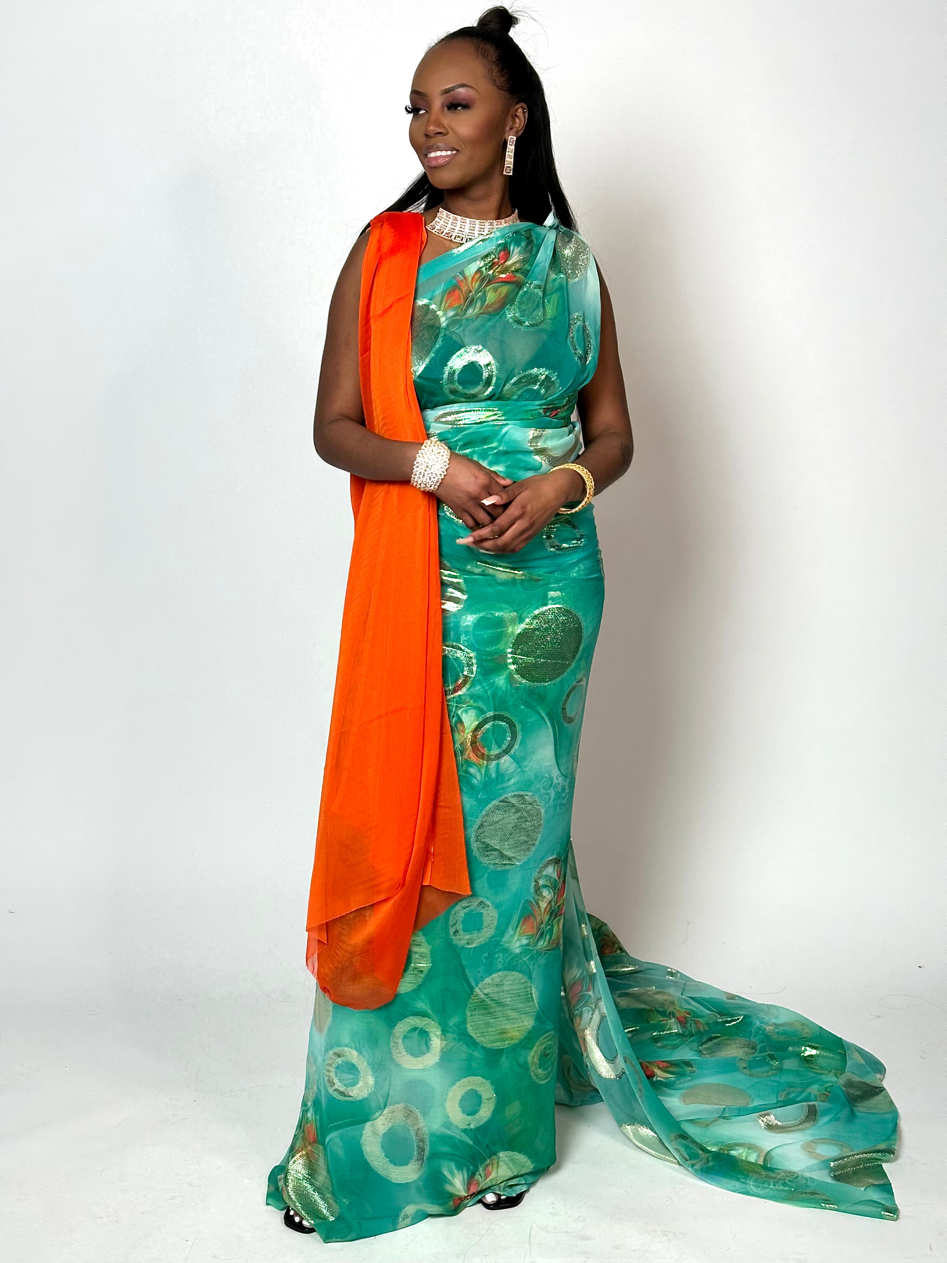 Green and Orange Somali Dirac/Guuntino Scarf - Perfect for Cultural Events, Weddings, and Fashion Accessories