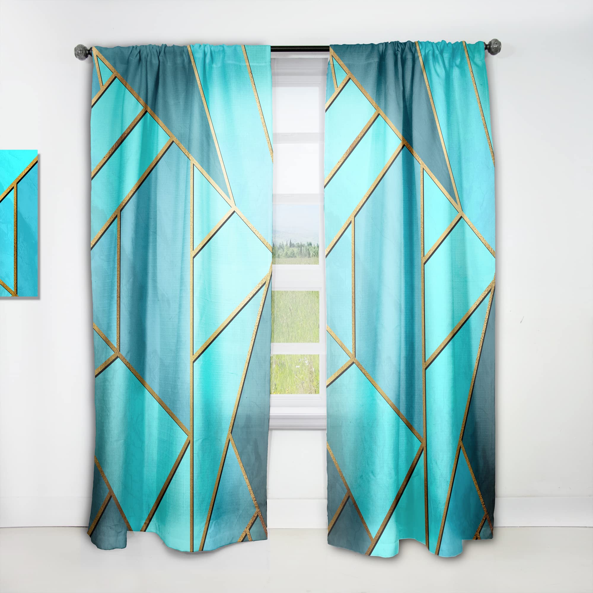 DesignQ Thermal Insulated Curtains - Yellow Geometric Triangle Pattern on Cyan Background - Single Panel 52x95 Inches - Perfect for Bedroom & Living Room Window Treatments