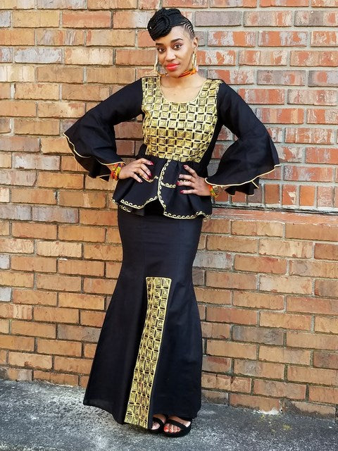 Black Panther African Print Top and Skirt Set with Gold Embroidery DP3939T - Traditional African Outfit for Women, Cultural Events & Afrocentric Fashion
