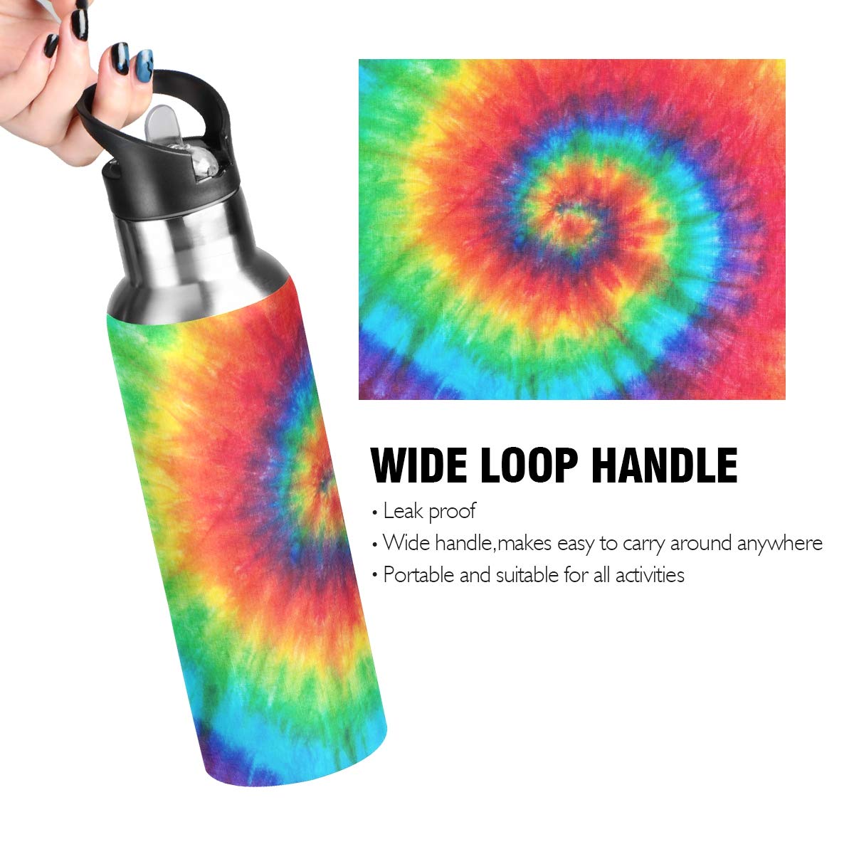 Tie Dye Stainless Steel Water Bottle 20oz - Double Wall Vacuum Insulated, Leakproof Straw Lid - Perfect for Gym, Hiking & Outdoor Activities