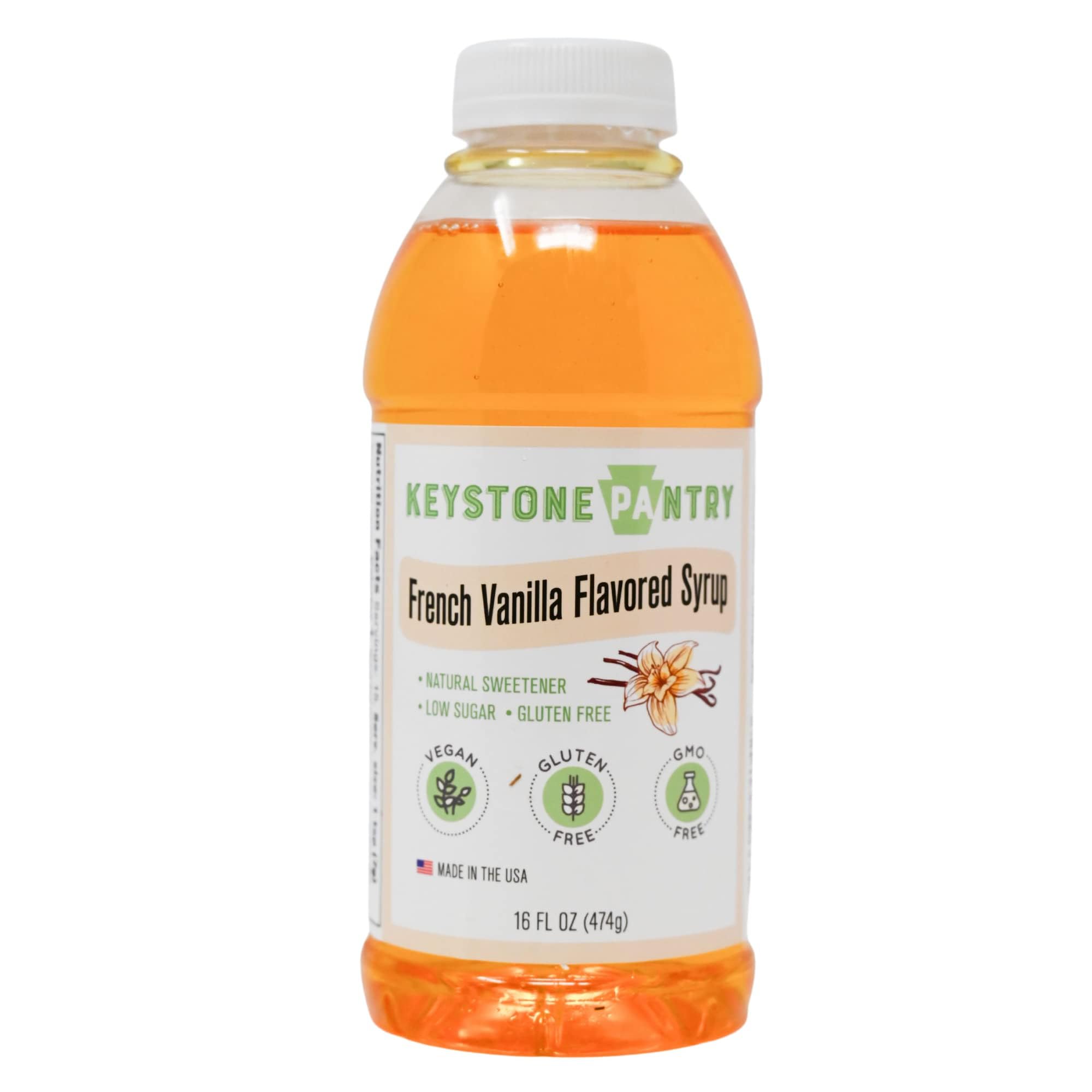 Keystone Pantry French Vanilla Flavored Syrup - 1 Pint Bottle | Natural Sweetener, Low Sugar, Gluten-Free, Vegan, Non-GMO, Kosher Parve | Perfect for Coffee, Tea, Baking & Desserts