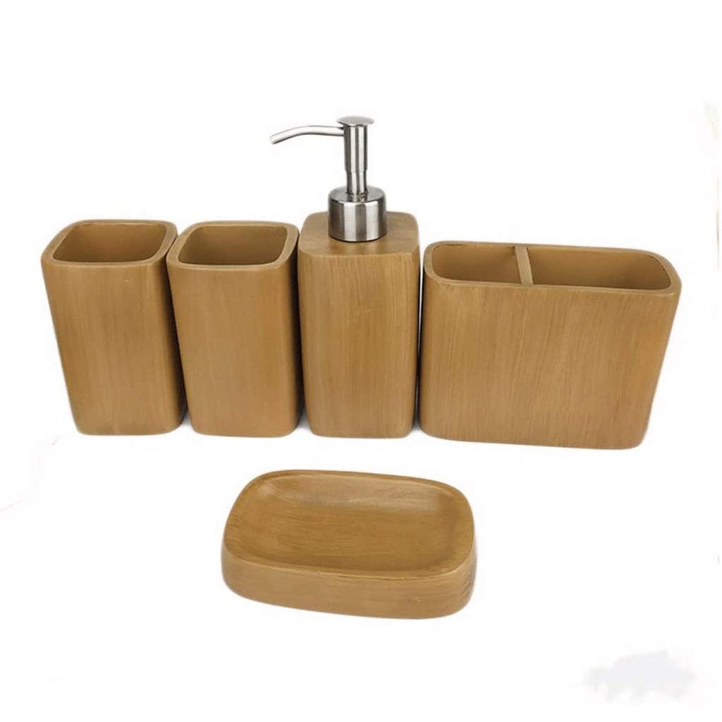 5-Piece Marble Pattern Bathroom Accessories Set - Wood Grain Soap Dispenser Pump, Toothbrush Holder, Tumbler & Soap Dish | Modern Vanity Organizer for Bathroom, Kitchen Sink Countertop Decor