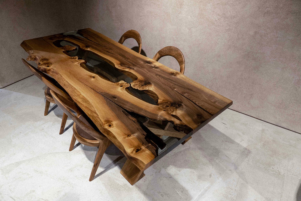 Handmade Live Edge Walnut Wood Epoxy Resin River Dining Table - Rustic Modern Farmhouse Style for Dining Room, Kitchen, or Office Conference Table