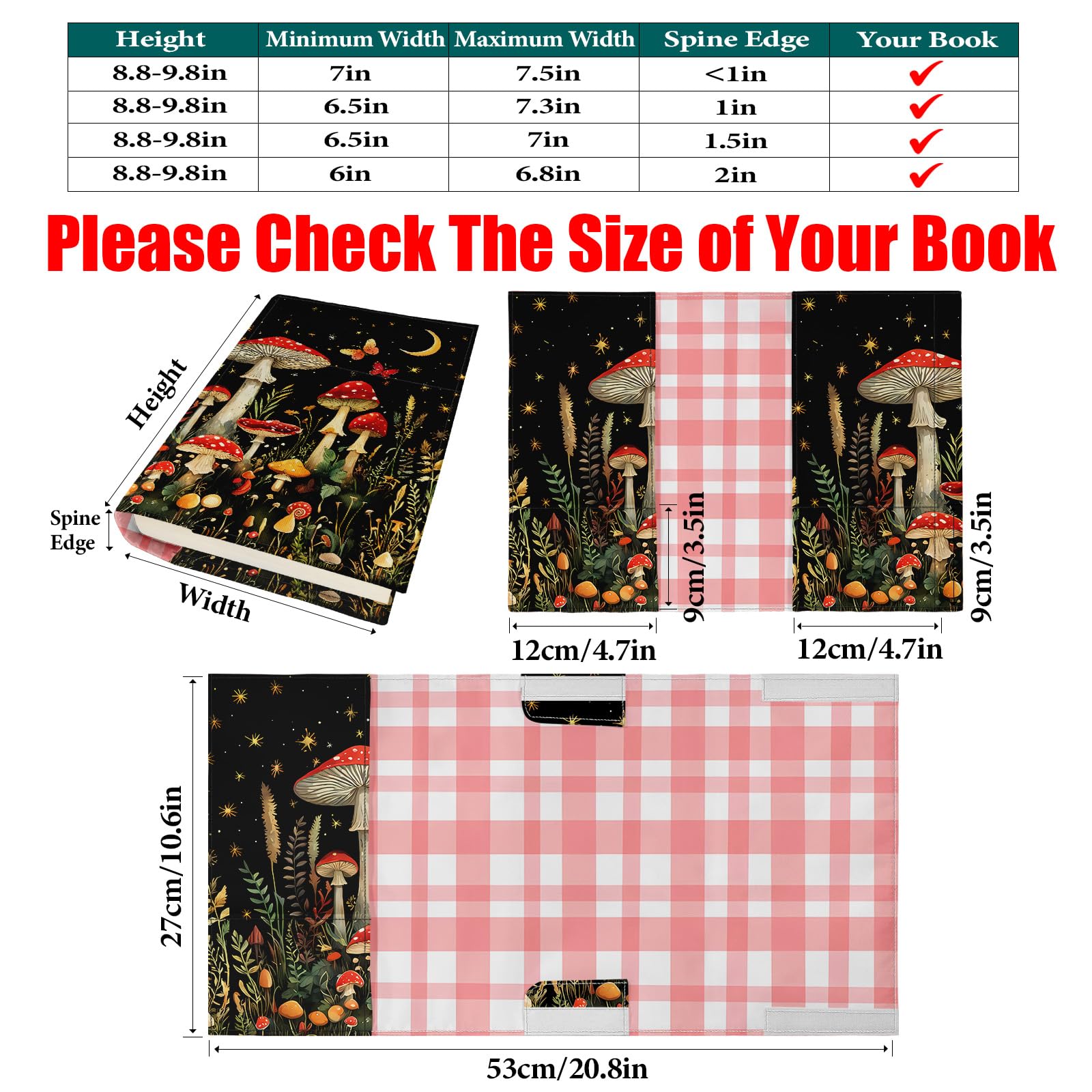 Adjustable Mushroom Paperback Book Cover Protector - Washable Soft Canvas Fabric Book Cover with Bookmark - Double-Sided Print Dust Jacket for Hardcover Bible, Novel & Books - Perfect Gift for Book Lovers (Ideal for Reading, Travel & Book Protection)