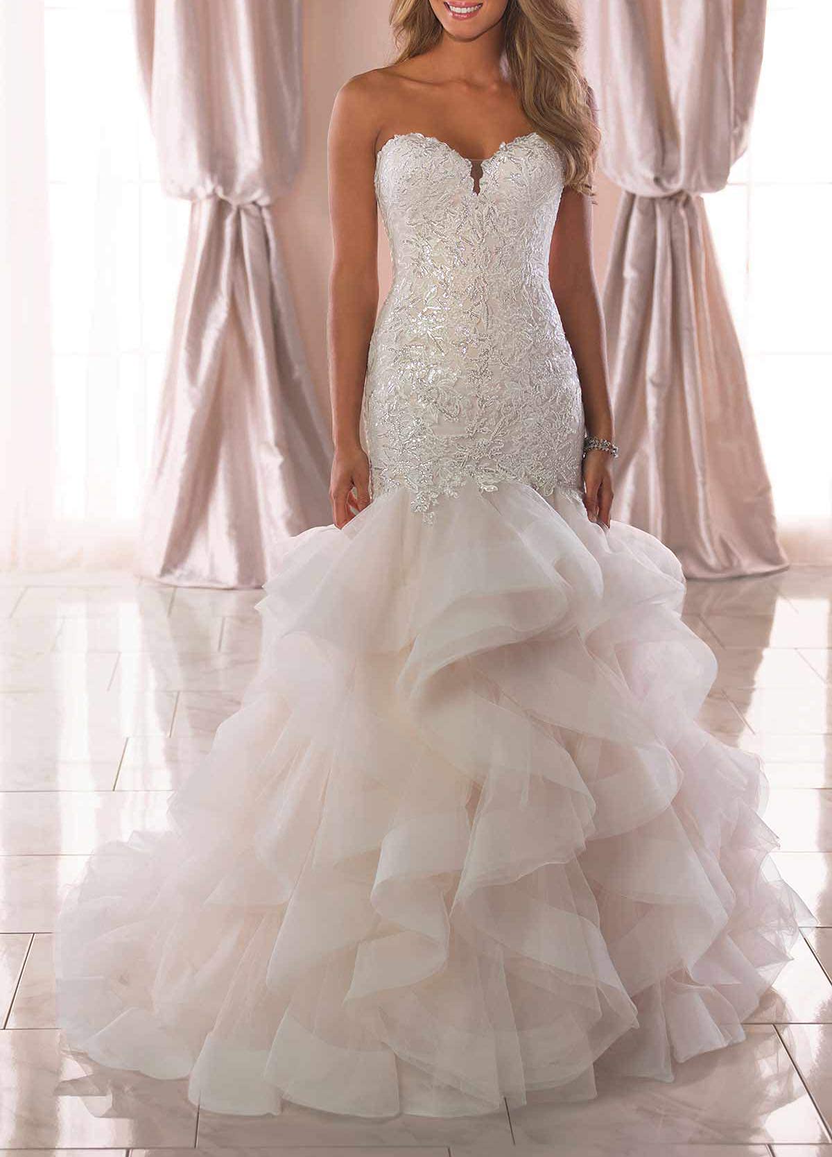 Elegant Long Mermaid Wedding Dress with Ruffle Skirt & Lace Appliques | Sweetheart Neckline Bridal Gown for Beach, Church, and Formal Weddings