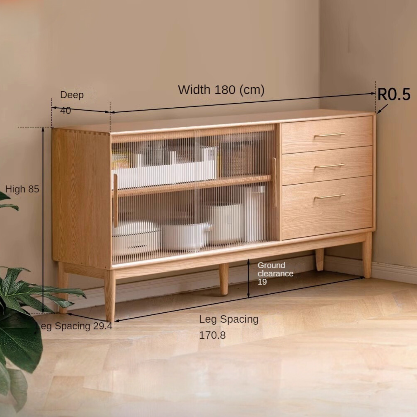 70.9x15.7x33.5 inch / 180x40x85 сm / Natural wood color/ sideboard