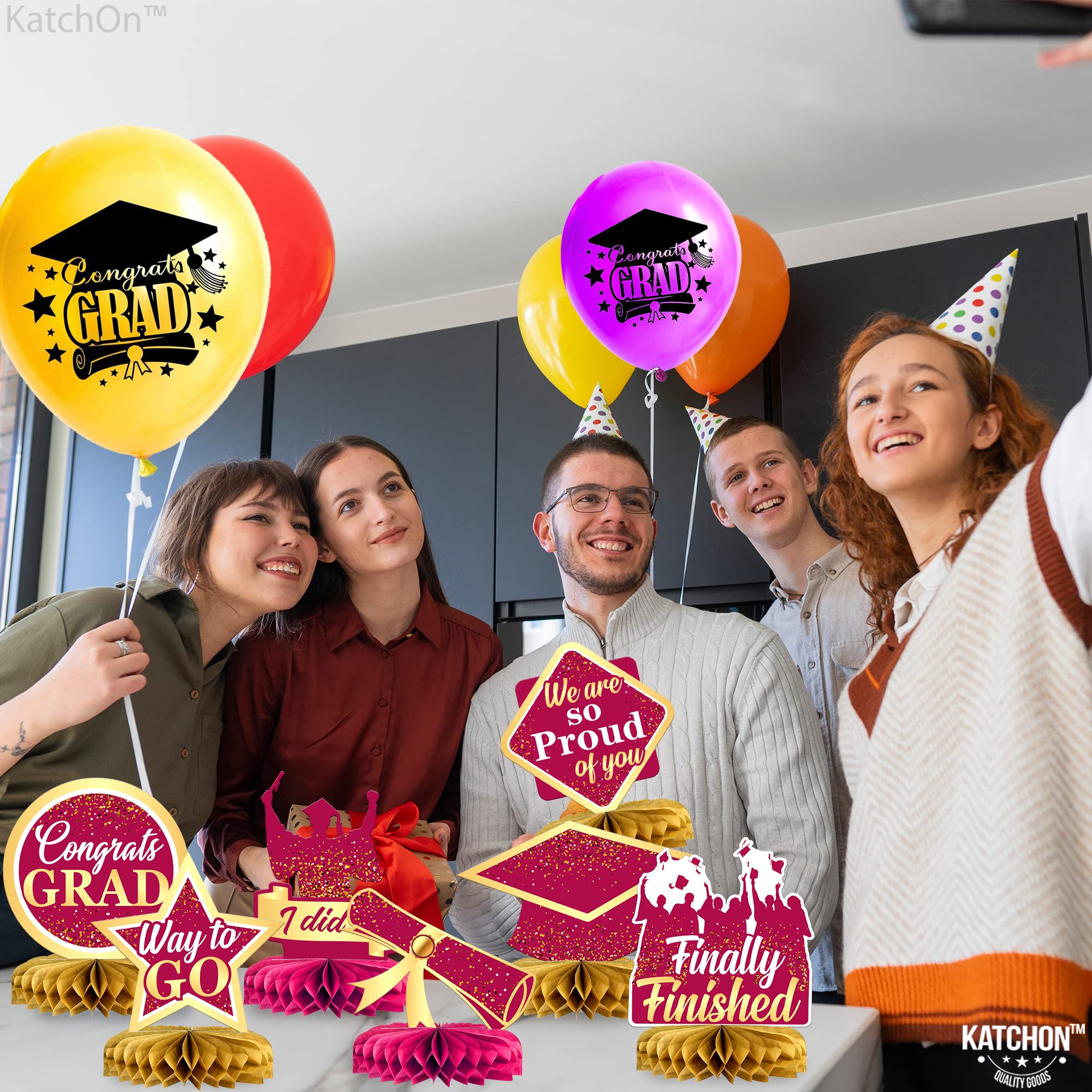 KatchOn Maroon & Gold Graduation Centerpieces for Tables 2025 - Pack of 9 Honeycomb Decorations | Class of 2025 Graduation Party Supplies | Perfect for Graduation Ceremonies, Banquets & Photo Backdrops