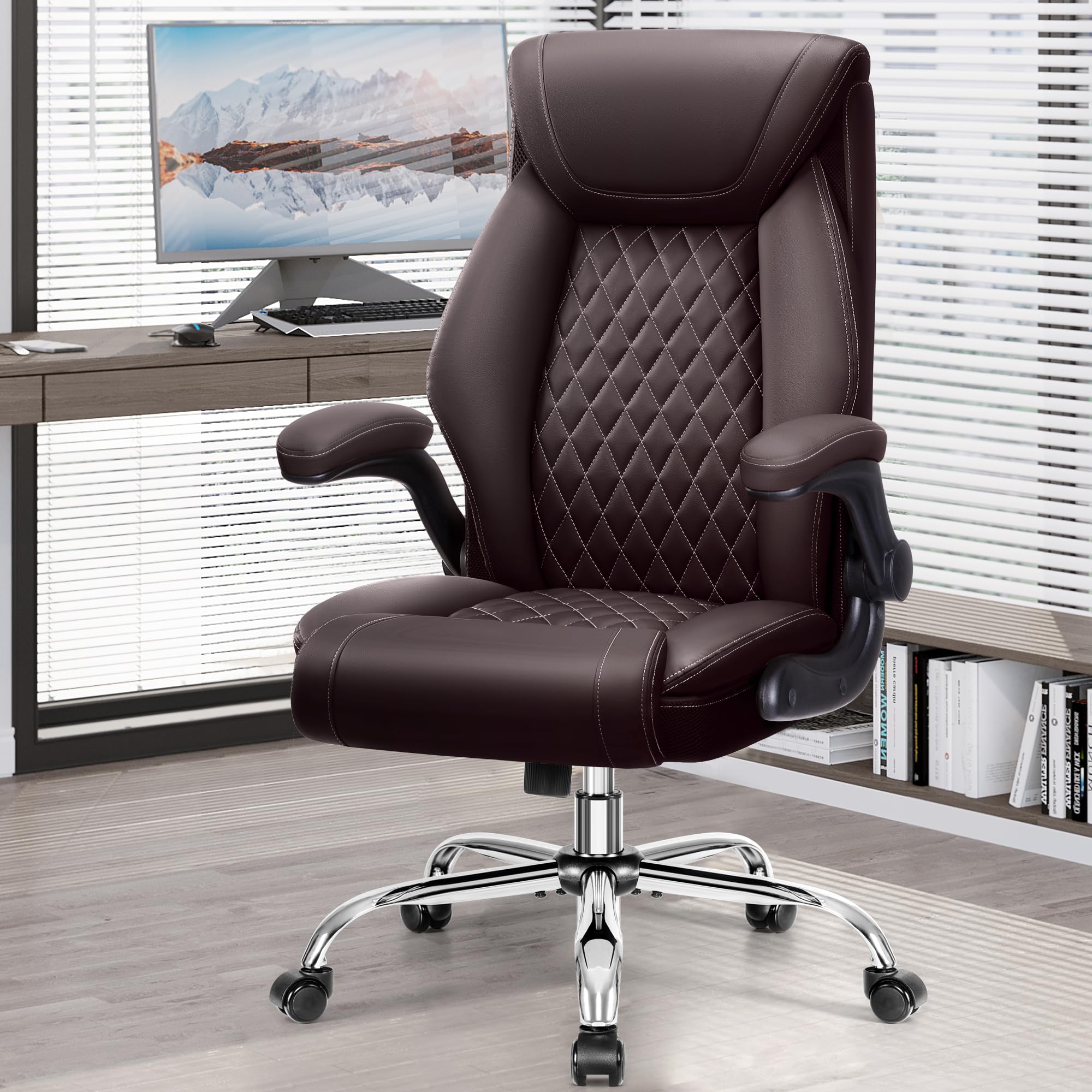 Ergonomic High Back Office Chair - Big & Tall Breathable Leather Desk Chair with Lumbar Support & Flip-Up Armrests - Adjustable Computer Chair with Rocking Function for Home Office, Gaming & Workspace Comfort