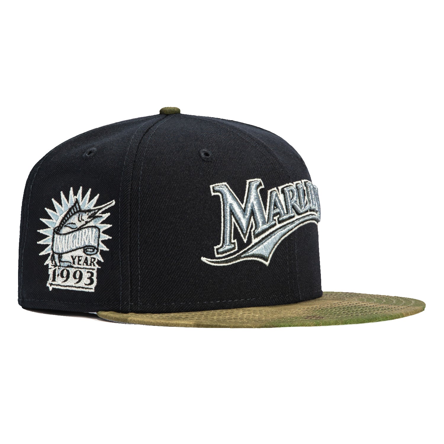New Era 59Fifty Miami Marlins Water Color Camo Baseball Cap with Inaugural Patch - Navy & Camouflage Design for Men's Sports Fashion and Game Day Outfits