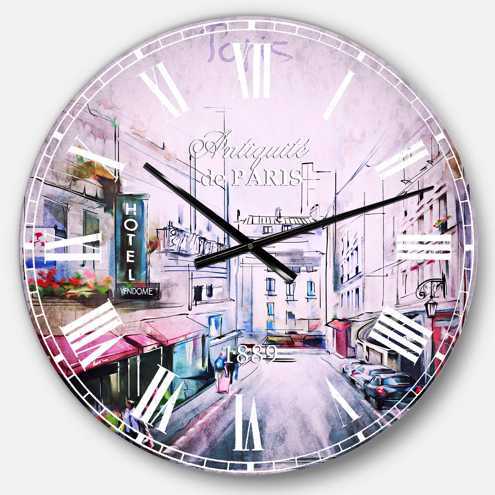 Designart Paris French Country Illustration Round Metal Wall Clock - Vintage Home Decor for Living Room, Bedroom & Office | Perfect Wall Art for Farmhouse, Rustic & Boho Interior Design Styles