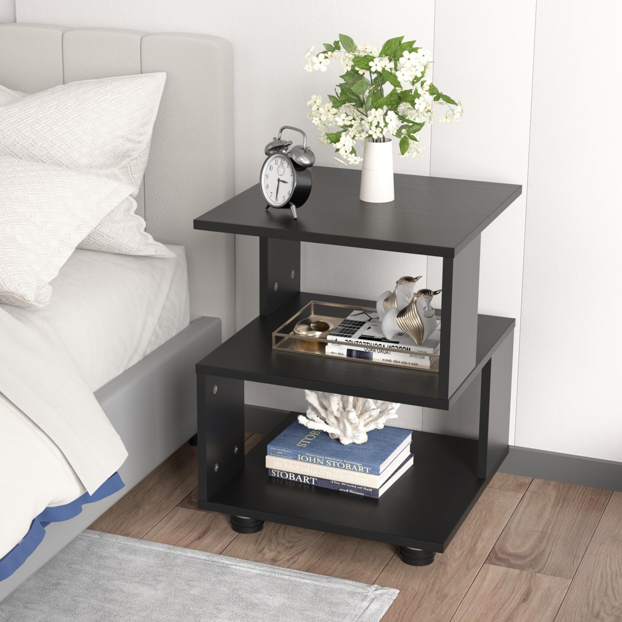 Jerry & Maggie 2-Pack Modern Nightstand Set - Mid Century Wood Bedside Cabinets for Bedroom, Black | Perfect for Small Spaces, Guest Rooms & Apartment Decor