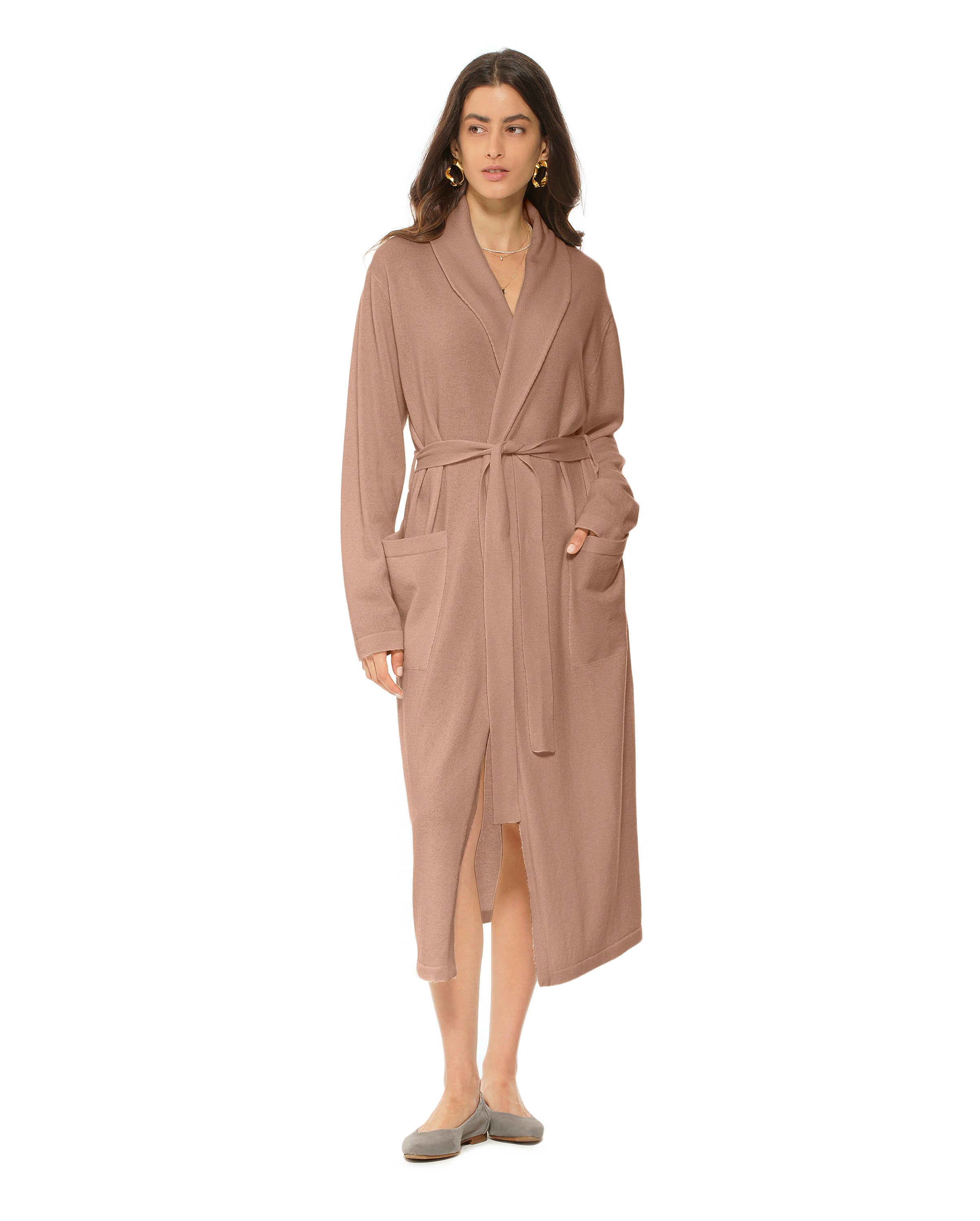 Luxury Women's Pure Cashmere Knit Robe - Soft Camel Color Winter Loungewear for Spa, Home & Gift Giving
