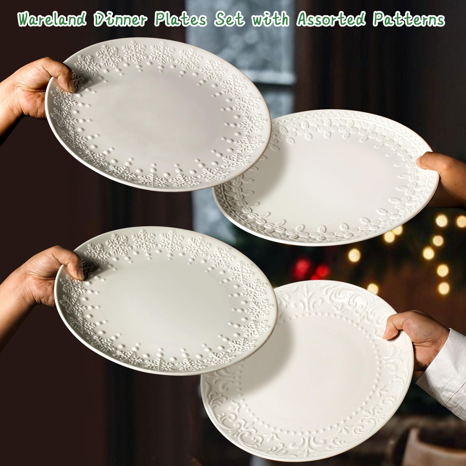 Premium 10.75 Inch Large White Ceramic Dinner Plates Set of 4 - Embossed Floral Design, Microwave & Dishwasher Safe Plates for Everyday Dining, Parties & Restaurant Use