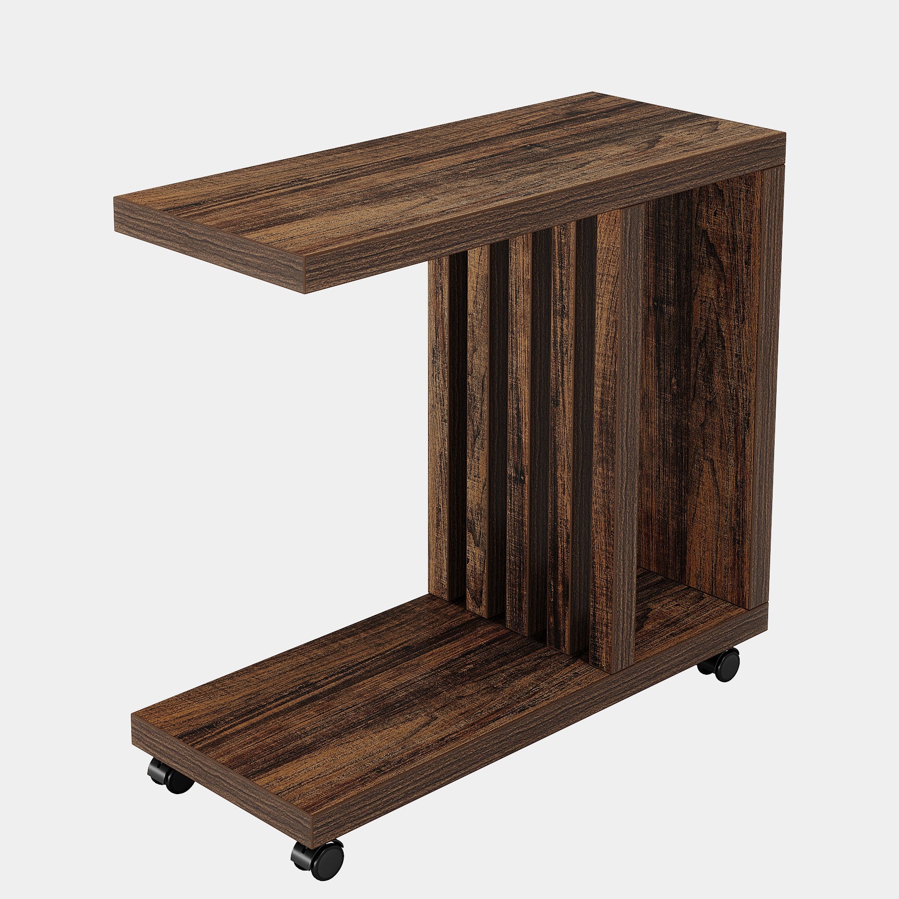 2 Tier C-Shaped End Table with Lockable Wheels - Modern Wood Side Table for Living Room, Bedroom & Office - Perfect for Small Spaces, Nightstand, or Extra Storage