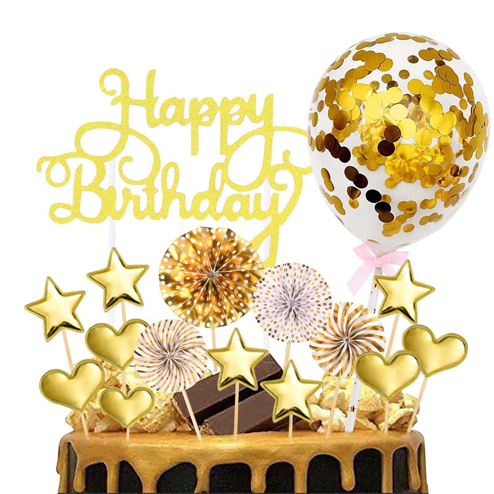 OSDUE 16-Piece Gold Birthday Cake Toppers Set with Balloons & Stars - Elegant Cake Decorations for Girls' Birthday Parties, Baby Showers & Special Celebrations