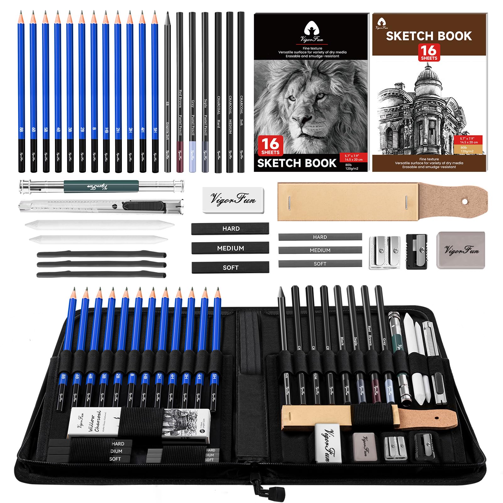 Professional Artist Drawing Pencils Set - 42 Piece Sketching Kit with Graphite Pencils, Charcoal, Kneaded Eraser & 2 Sketch Pads for Kids, Teens & Adults - Perfect for Art Classes, Sketching & Creative Projects