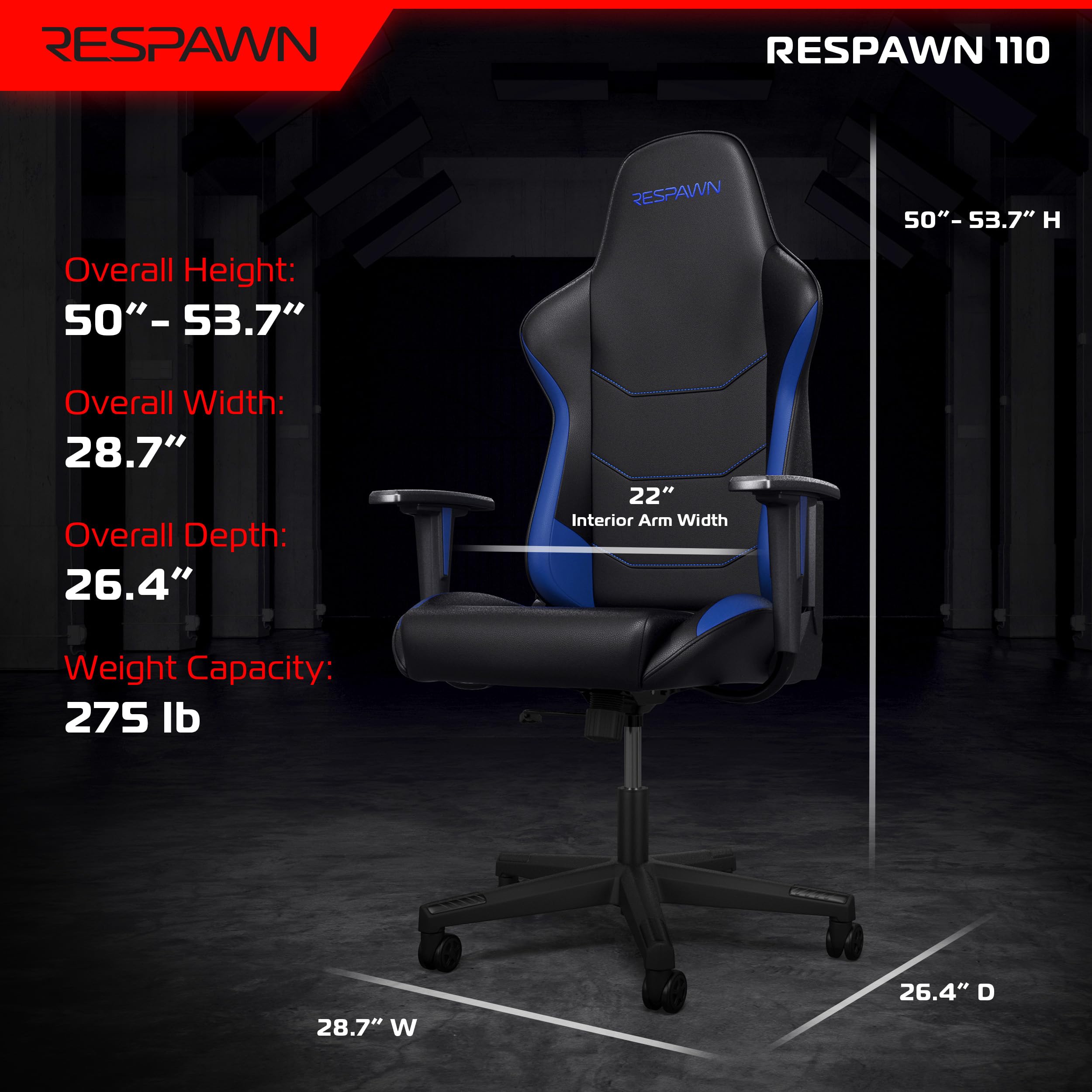 RESPAWN 110 Ergonomic Gaming Chair - Blue PC Computer Chair with Adjustable Headrest & 135° Recline for Adults | Comfortable Office & Video Game Chair for Long Gaming Sessions & Work from Home